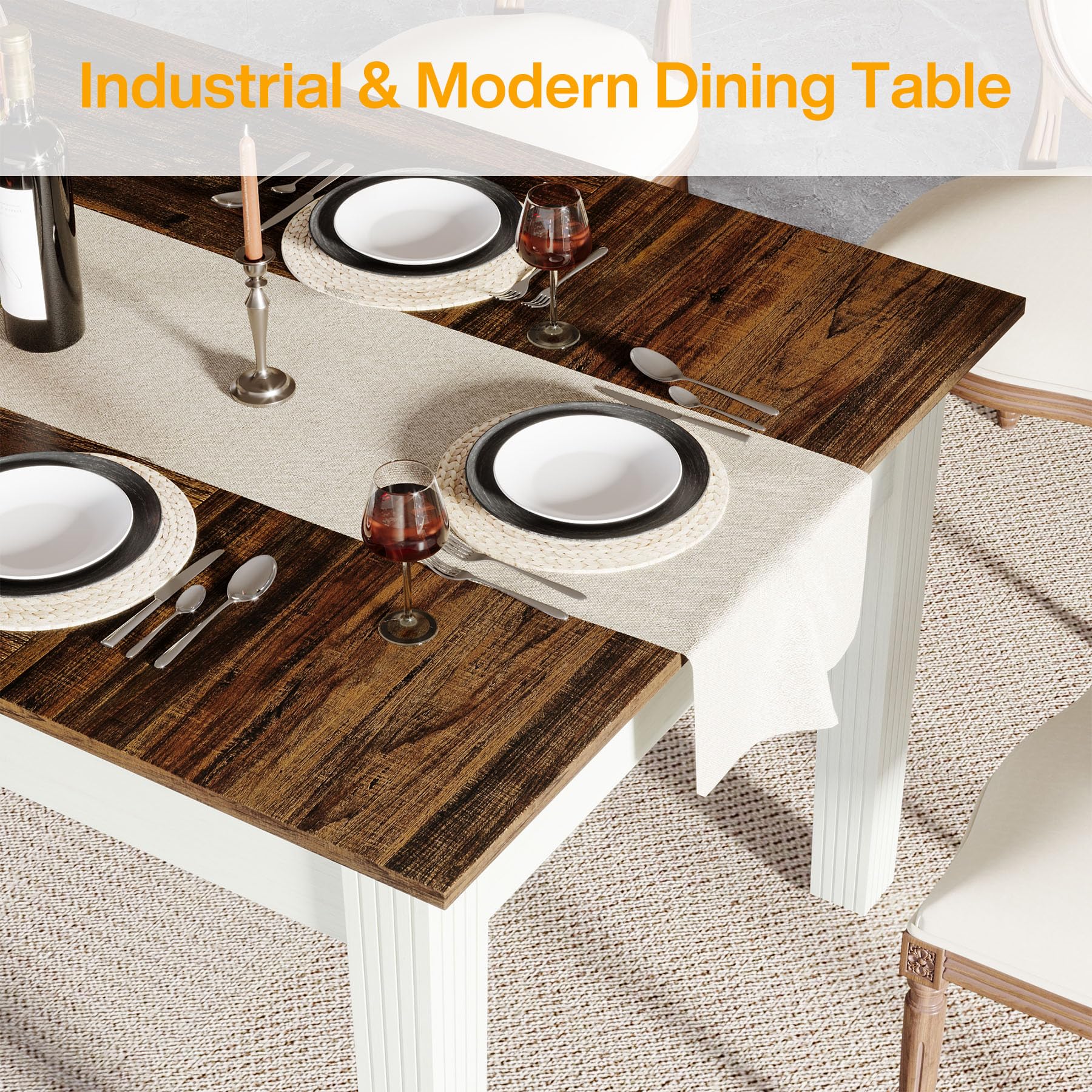 Dining Table for 4-6 People, 160cm Rectangular Kitchen Table with Solid Wood Legs, Modern Farmhouse Dinner Table for Dining Room, Kitchen, Living Room, Rustic Brown & White