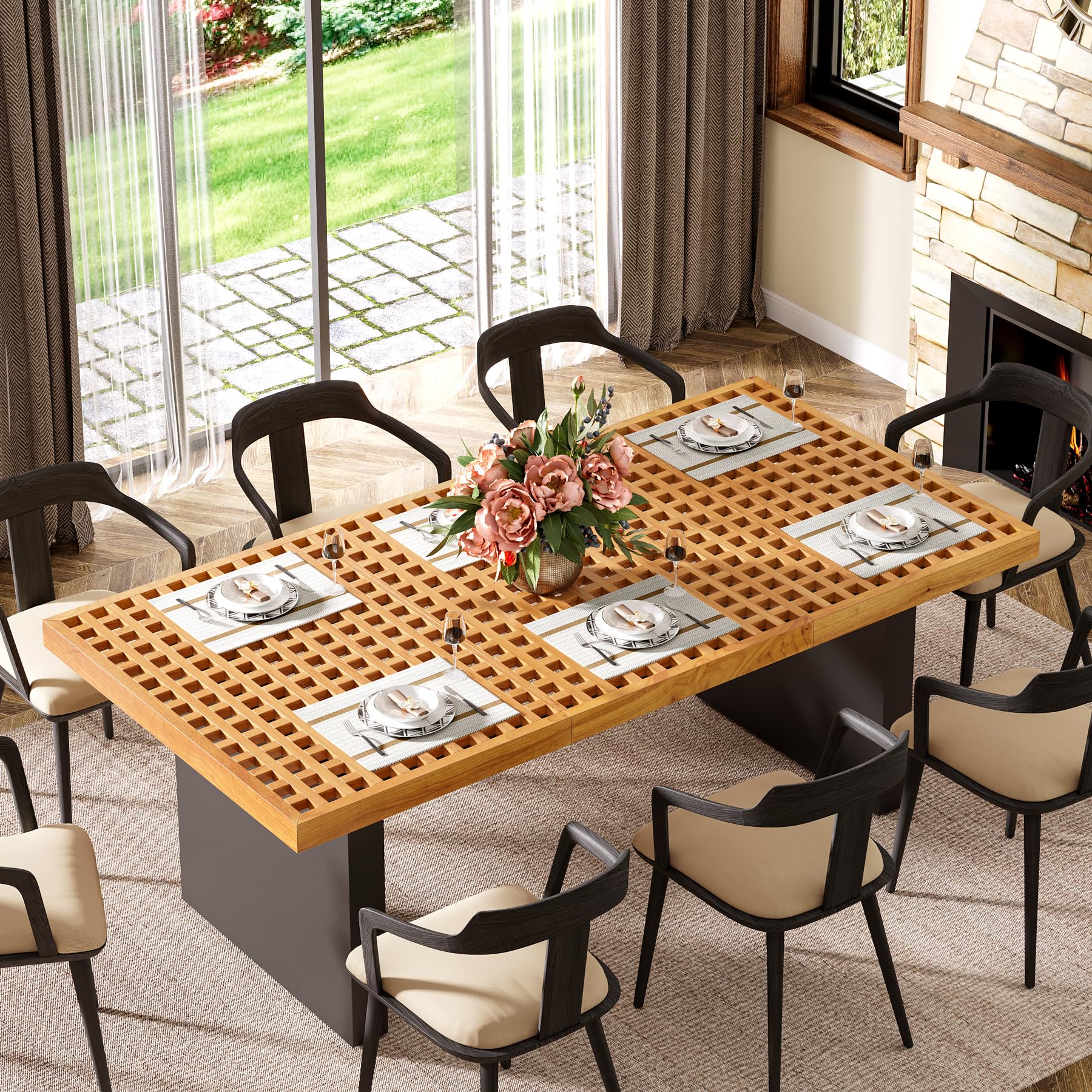 198cm Long Dining Table for 6 to 8, Modern Dining Room Table with Hollow Lattice Design and Metal Base, Large Rectangular Boxwood Dinner Table with 8 Placemats for Dining Room, Kitchen