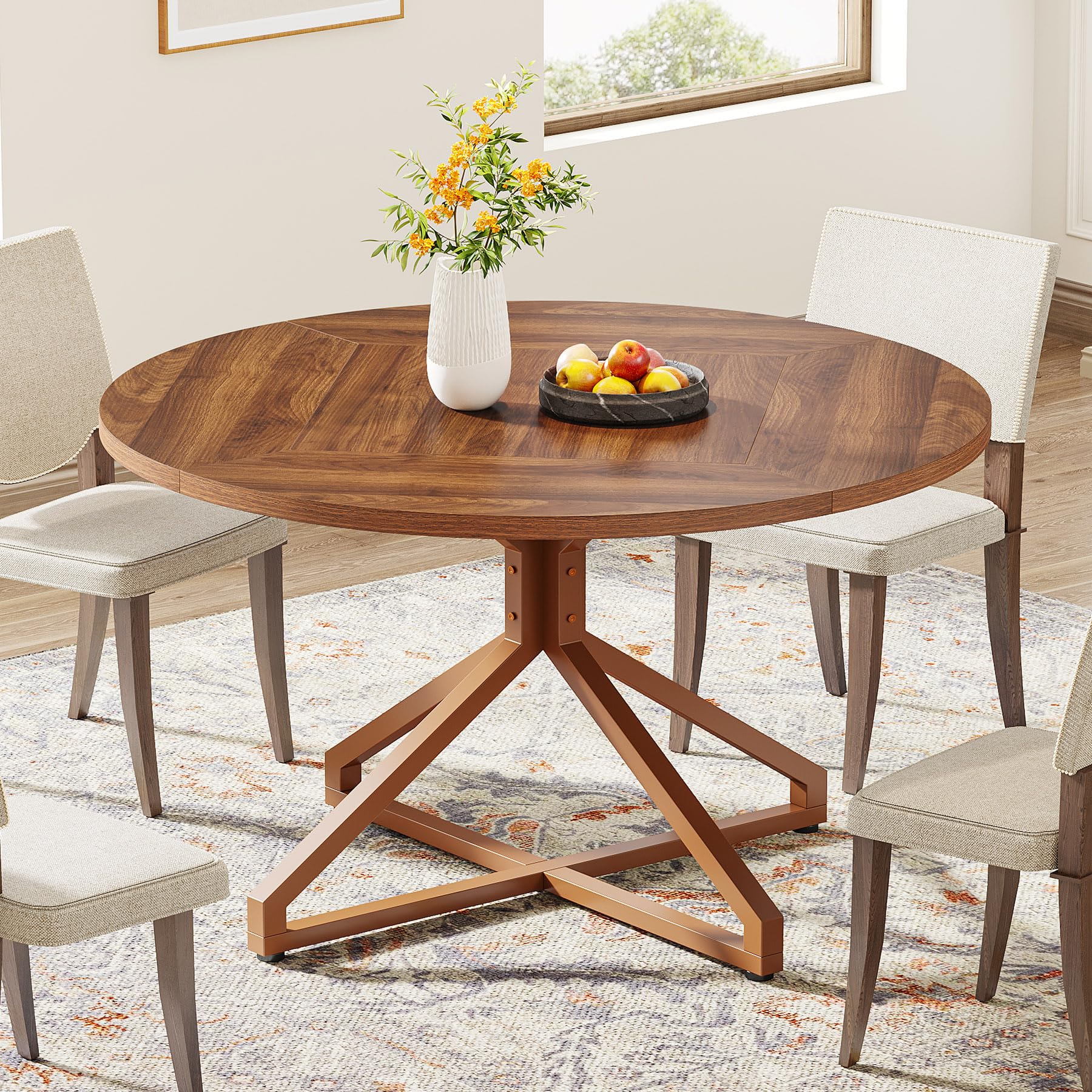 Round Dining Table for 4-6 People 119cm Circle Kitchen Table Dining Room Table with Metal Pedestal Base Wood Dinner