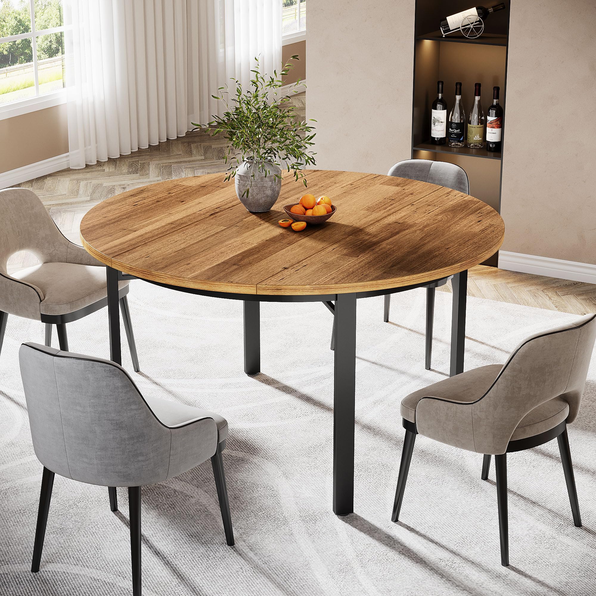 Round Dining Table for 4-6 People 119cm Farmhouse Kitchen Table Dining Room Table with Solid Metal Legs Circle Dinner