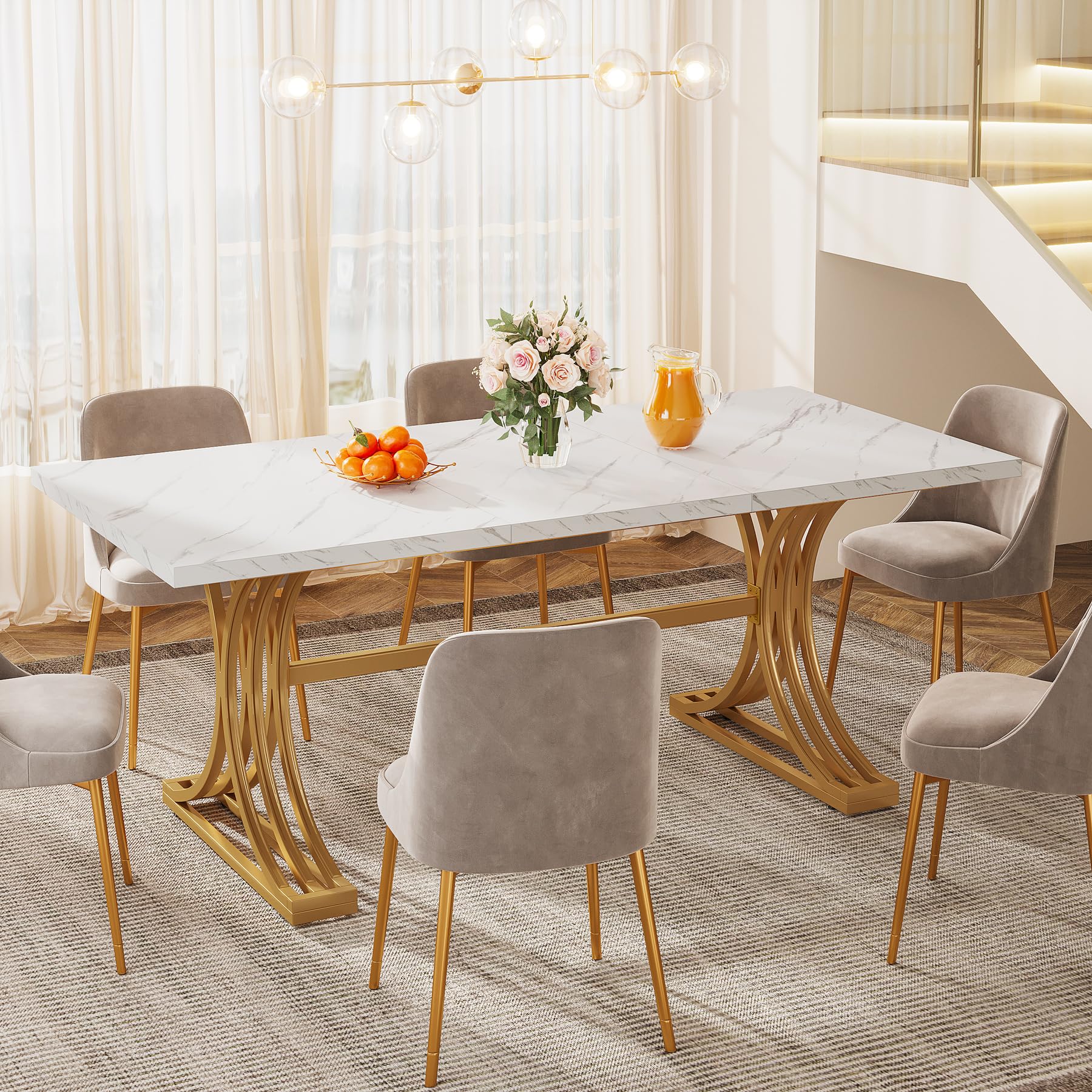 Modern Dining Table with Heavy-Duty Trestle Leg, 180cm Rectangular Kitchen Table for 4, Dinner Table with Faux Marble Table Top, White and Gold （Chair Not Included）