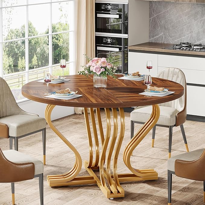 120cm Round Dining Table for 4, Farmhouse Wood Kitchen Table with Gold Metal Base, Circle Dinner Table Dining Room Table for Kitchen, Living Room, Rustic Brown