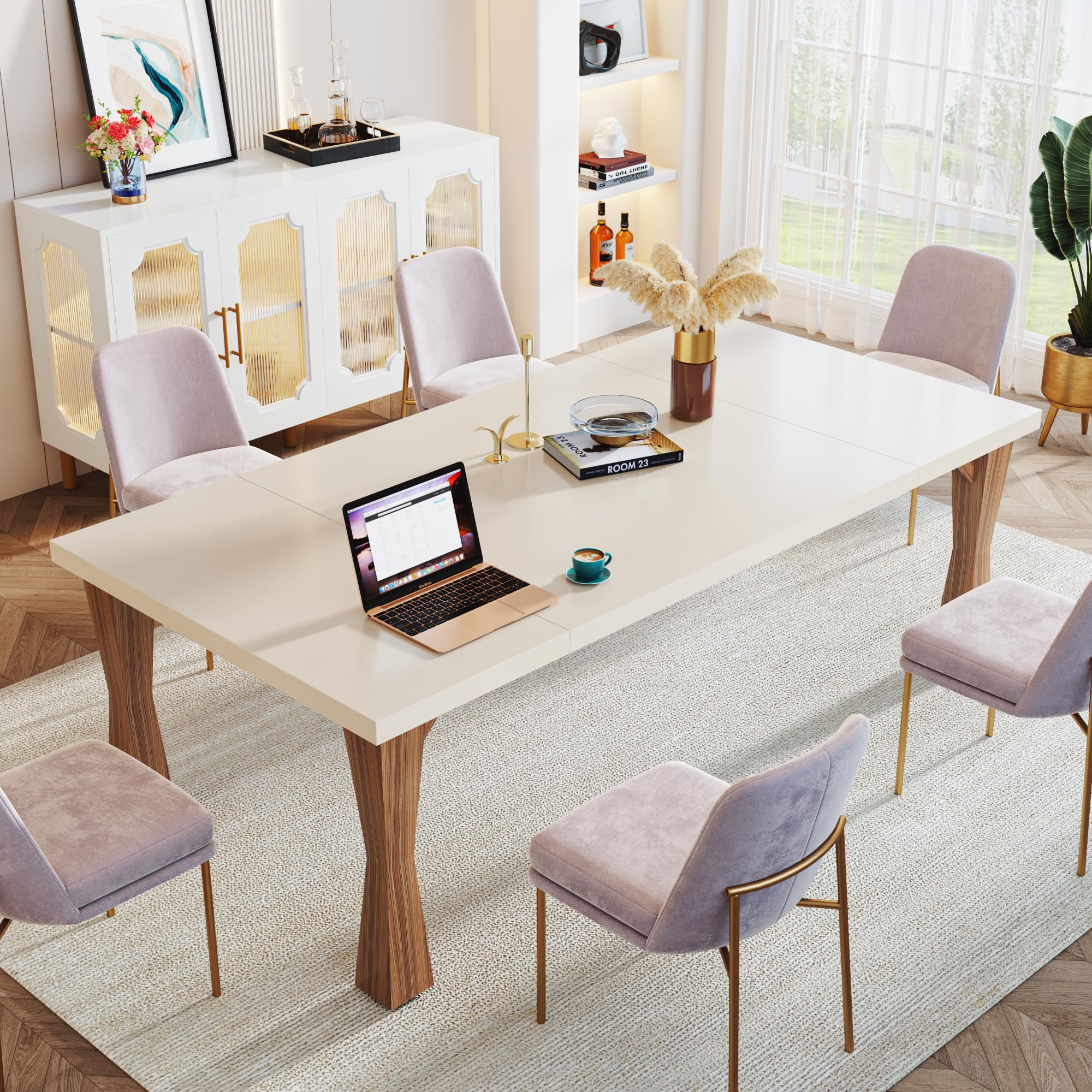 Modern Dining Table for 6-8 People, 180cm Large Kitchen Table with Sturdy Legs, Rectangle Dinner Table Kitchen & Dining Room Furniture, Light Cream White