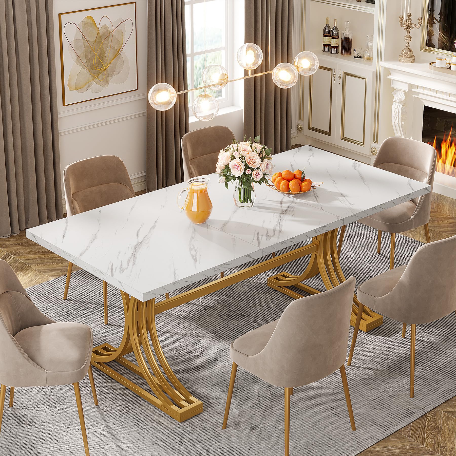 Modern Dining Table with Heavy-Duty Trestle Leg, 180cm Rectangular Kitchen Table for 4, Dinner Table with Faux Marble Table Top, White and Gold （Chair Not Included）