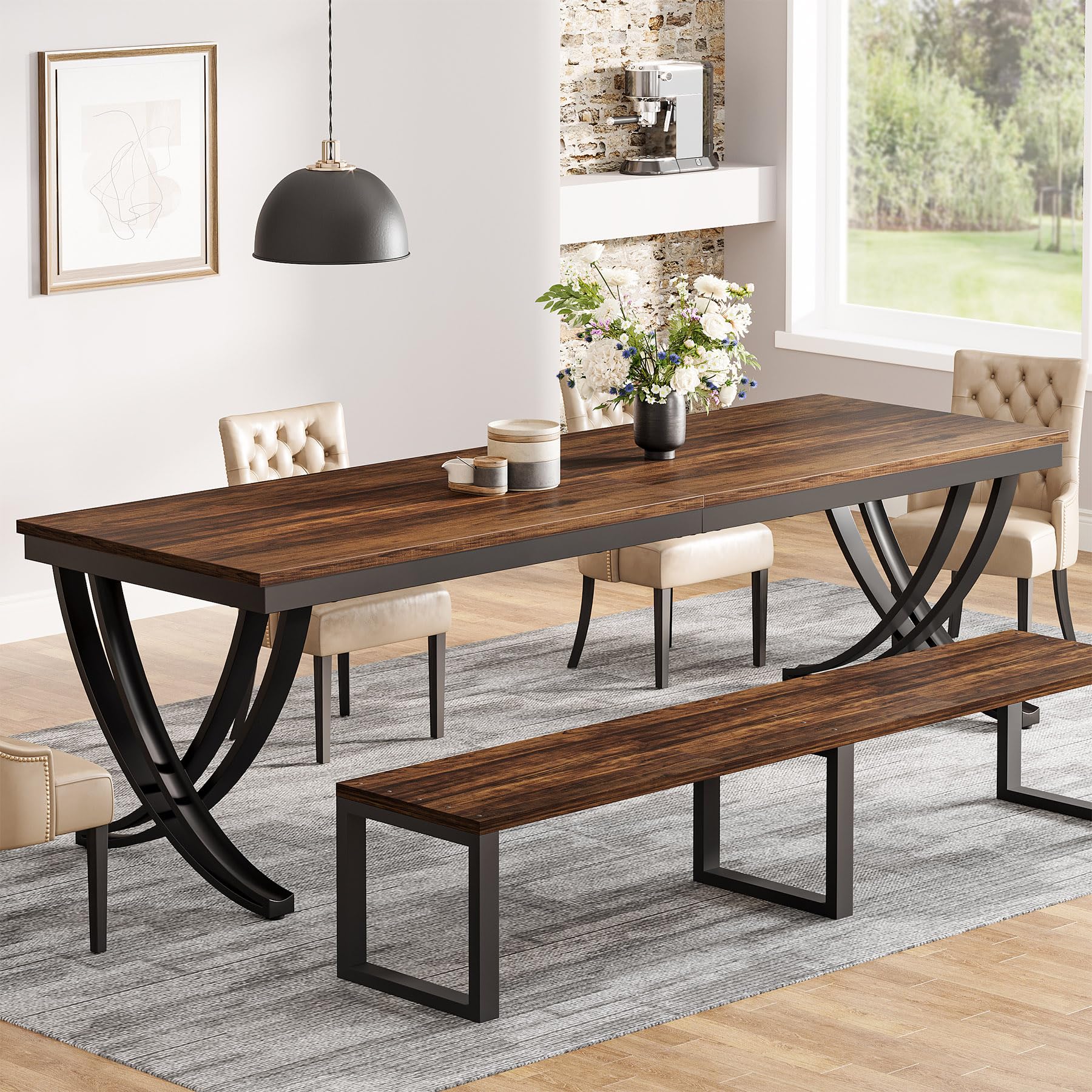 Rectangular Dining Table for 6-8, 203cm Large Wood Farmhouse Dinner Table with Heavy Duty Metal Legs and Wooden Top for Kitchen Dining Room Living Room (Only Table) (Black)