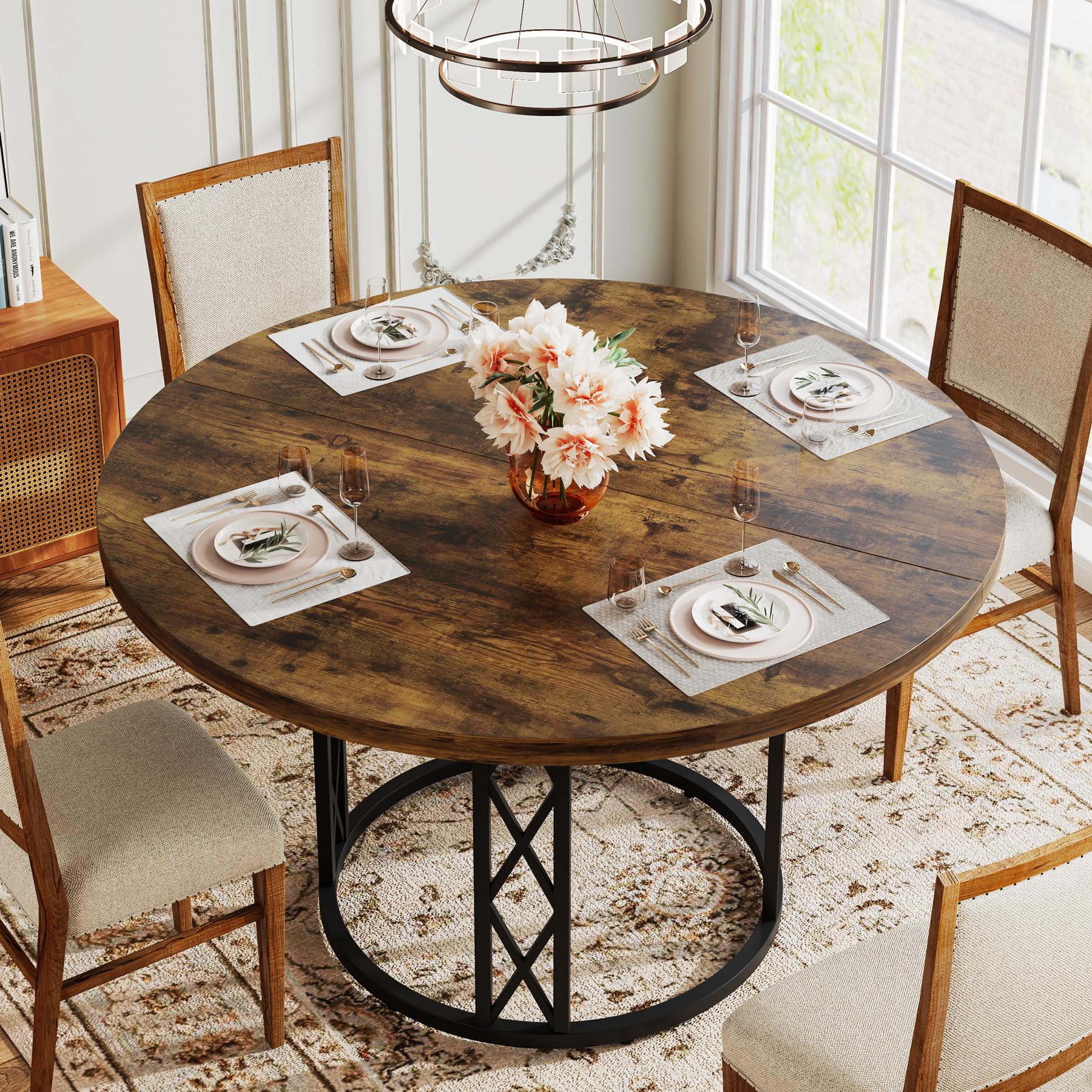 Round Dining Table for 4 People: 120cm Modern Kitchen Table with Wood Grain Surface & Metal Base, Rustic Round Table for Dining Room, Living Room, Brown & Black（Only Table）