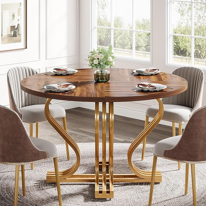 120cm Round Dining Table for 4, Farmhouse Wood Kitchen Table with Gold Metal Base, Circle Dinner Table Dining Room Table for Kitchen, Living Room, Rustic Brown