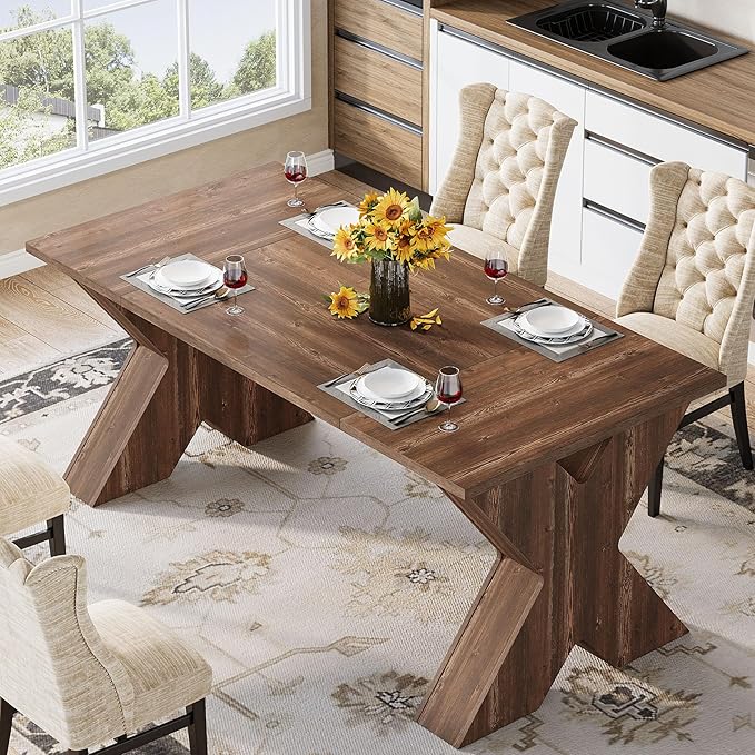 Dining Table for 4-6 People, 160cm Rectangular Kitchen Table with X-Shaped Thickened Wood Pedestal Base, Farmhouse Dinner Table for Kitchen, Dining Room, Living Room, Brown