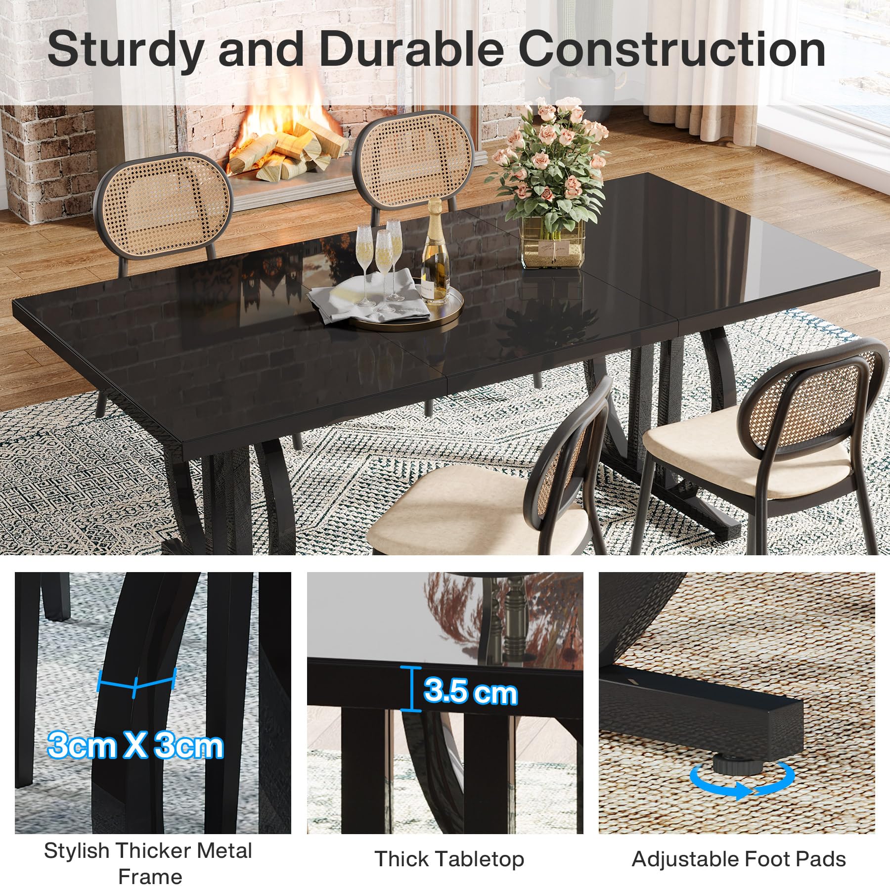 160cm Dining Table for 6, Rectangular Wood Kitchen Table with Heavy-Duty Metal Legs, Modern Black Dinner Table for Home, Dining Room, Small Spaces (63" D x 31.5" W x 29.53" H)