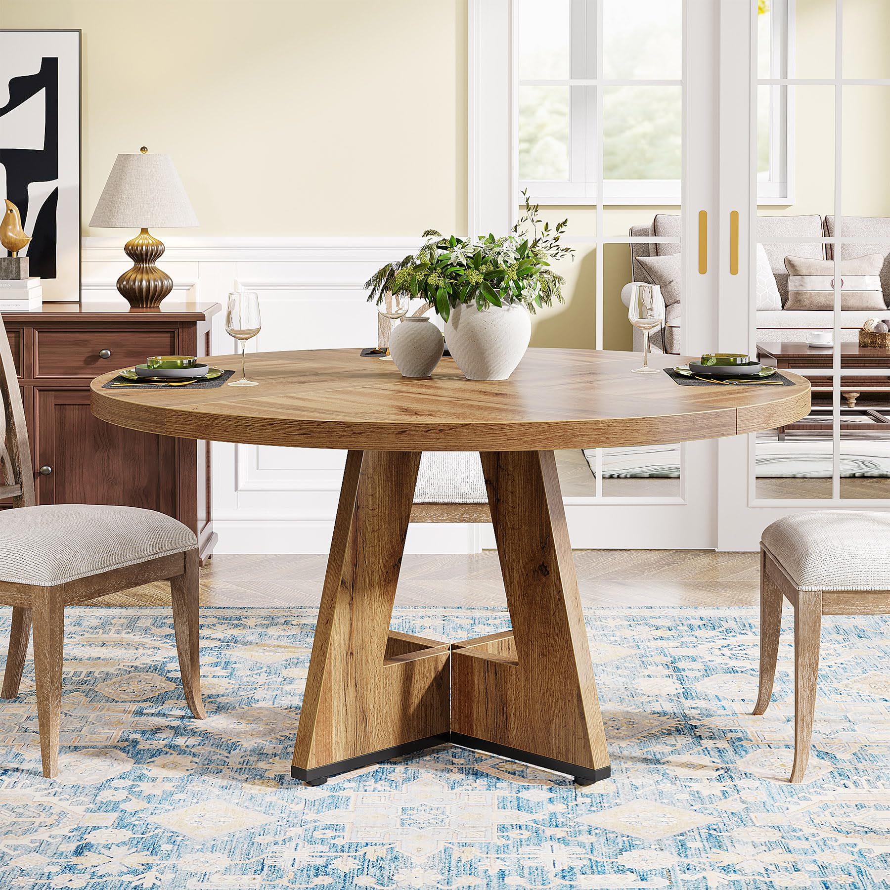 Round Dining Table Wood Kitchen Table for Dining Room Living Room, 119cm Dining Room Tables for 4 People, Farmhouse Dinner Table with Wooden Table Top and Legs, Rustic Brown(Only Table)