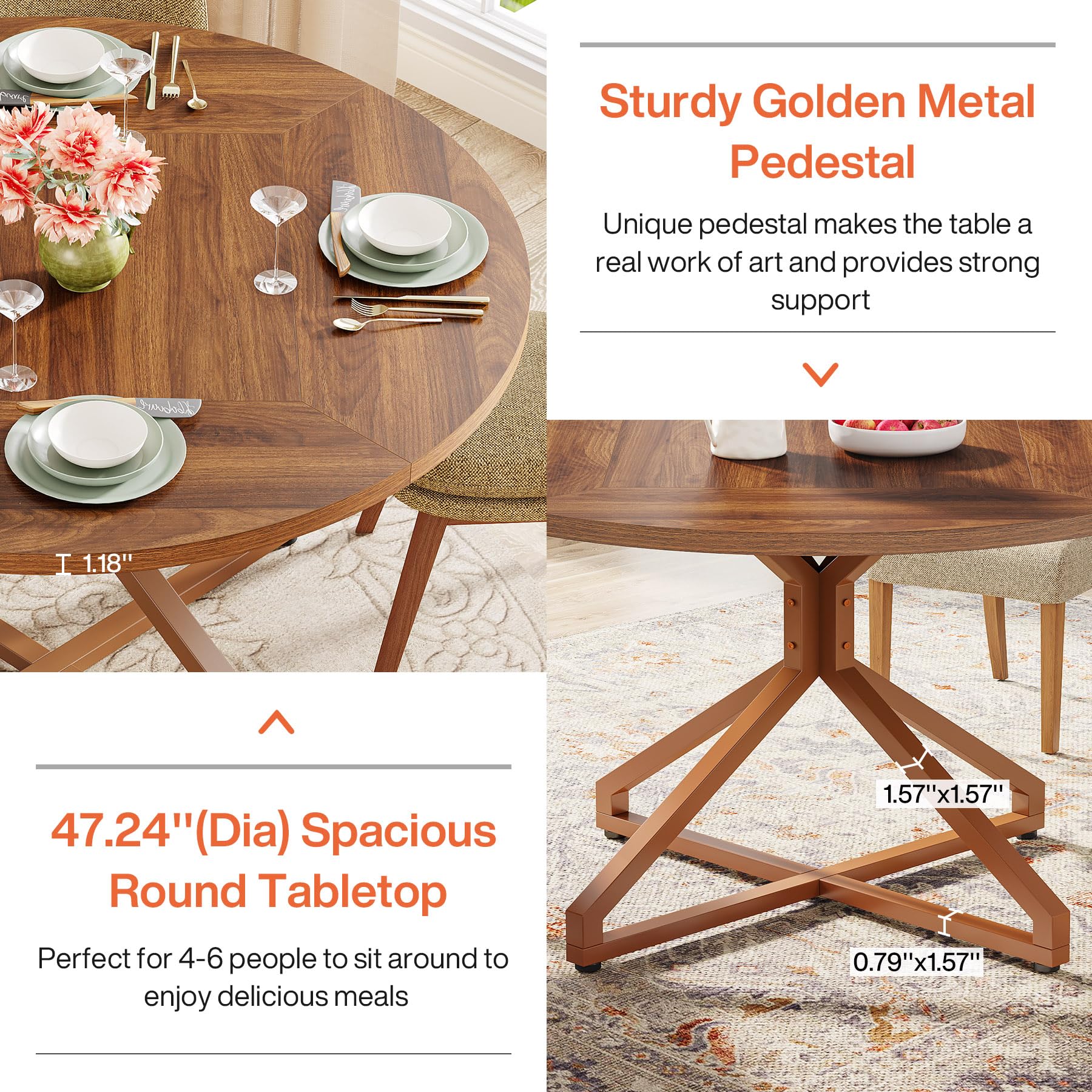 Round Dining Table for 4-6 People 119cm Circle Kitchen Table Dining Room Table with Metal Pedestal Base Wood Dinner