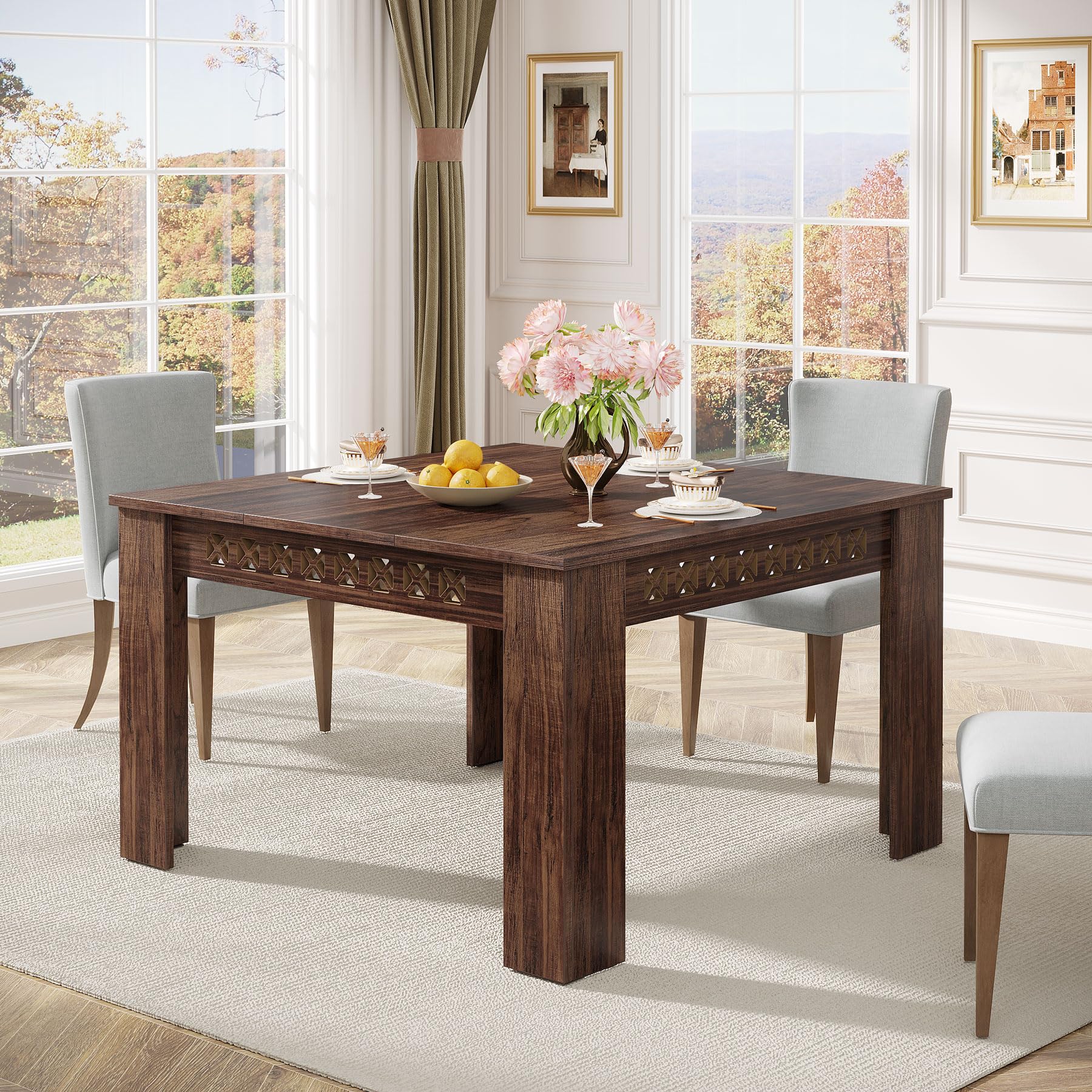 110cm Square Dining Table for 4, 2-4 Person Farmhouse Wood Dining Room Table (Rustic Brown, Heavy Duty Legs)