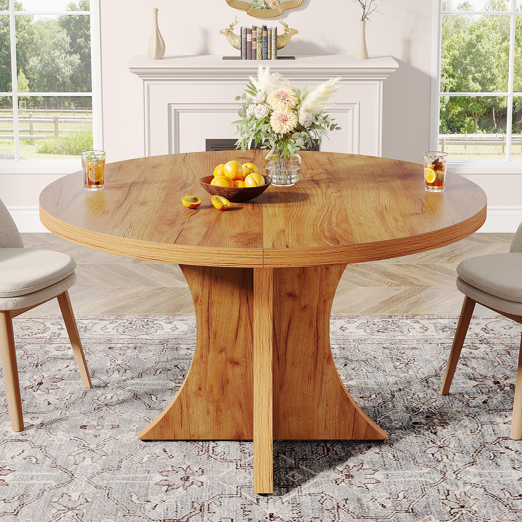 Round Dining Table for 4-6, 119cm Inch Farmhouse Kitchen Table, Wood Dining Table with Pedestal Base, Small Dinner Table for Dining Room,Living Room, Small Space, Brown