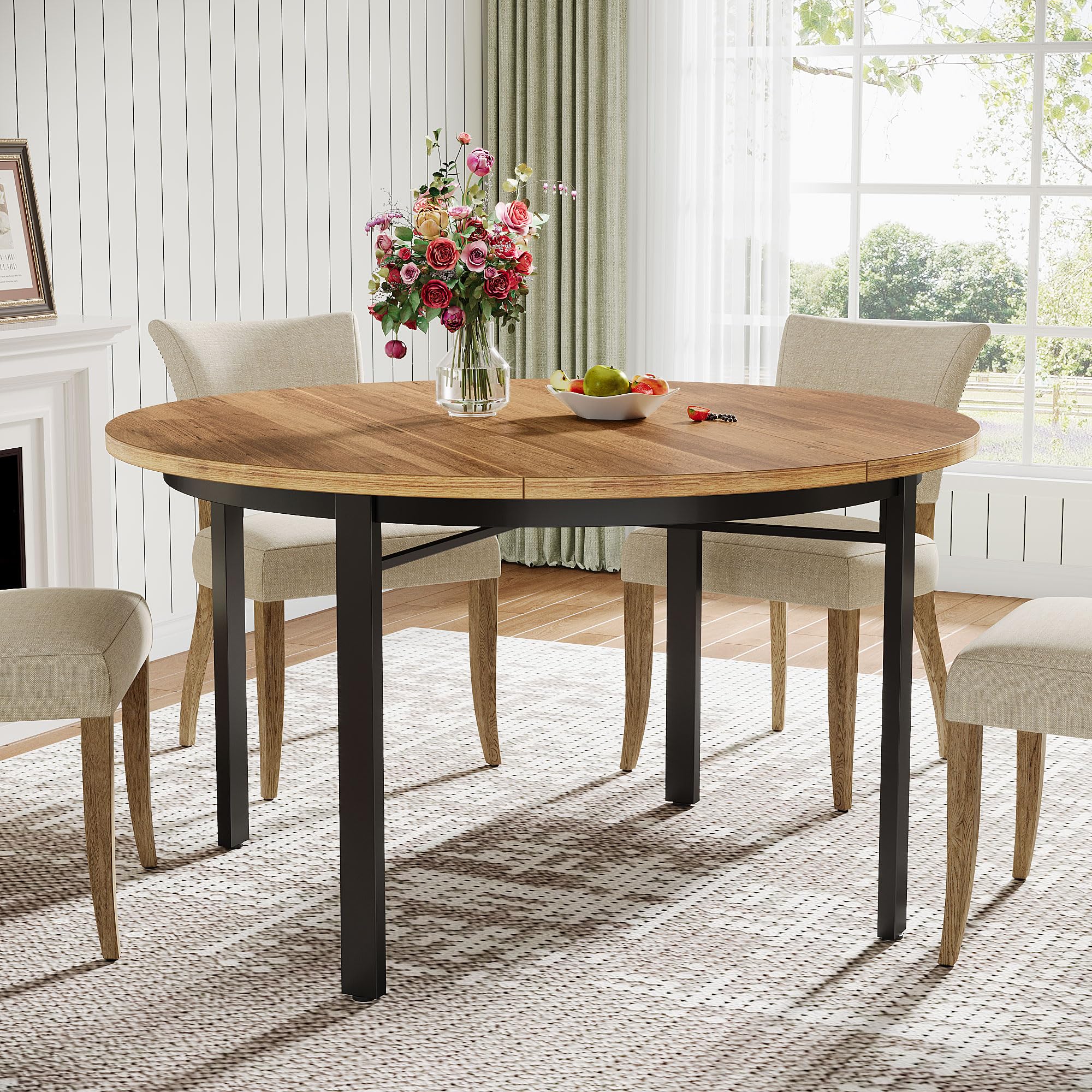 Round Dining Table for 4-6 People 119cm Farmhouse Kitchen Table Dining Room Table with Solid Metal Legs Circle Dinner