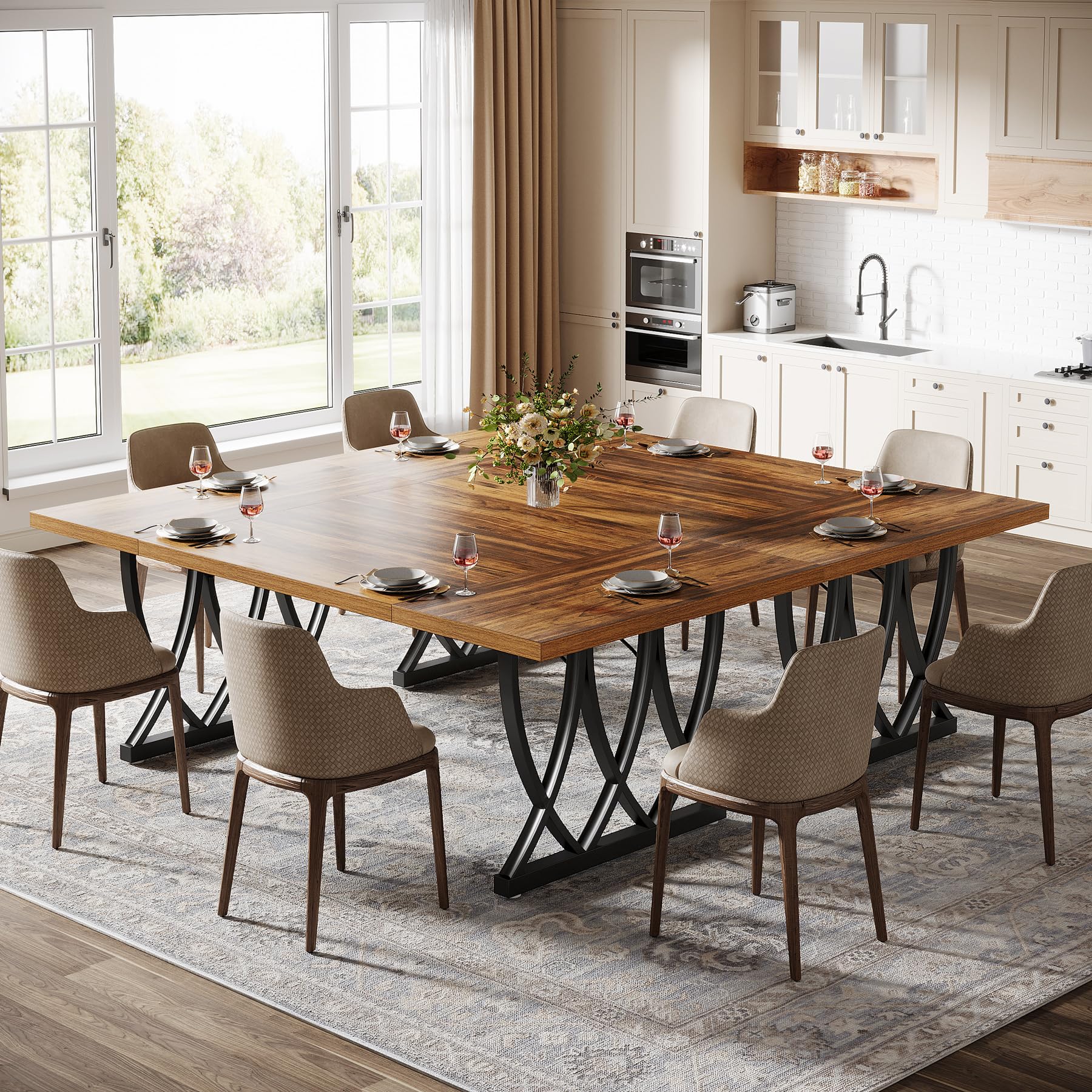 Dining Table for 6-8 People 180cm Rectangle Wood Kitchen Table Dinner Table with Heavy Duty Metal Frame for Kitchen