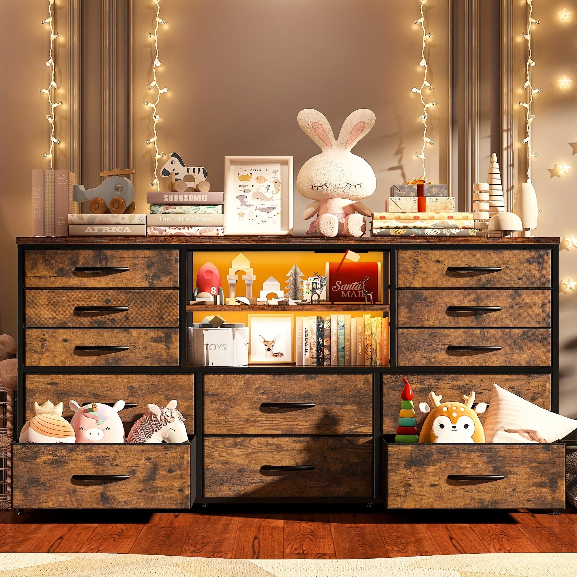 Dresser With LED Lights & Power Outlets 12 Drawers Dresser TV Stand For 60’’TV For Bedroom Dresser Fabric Dressers &