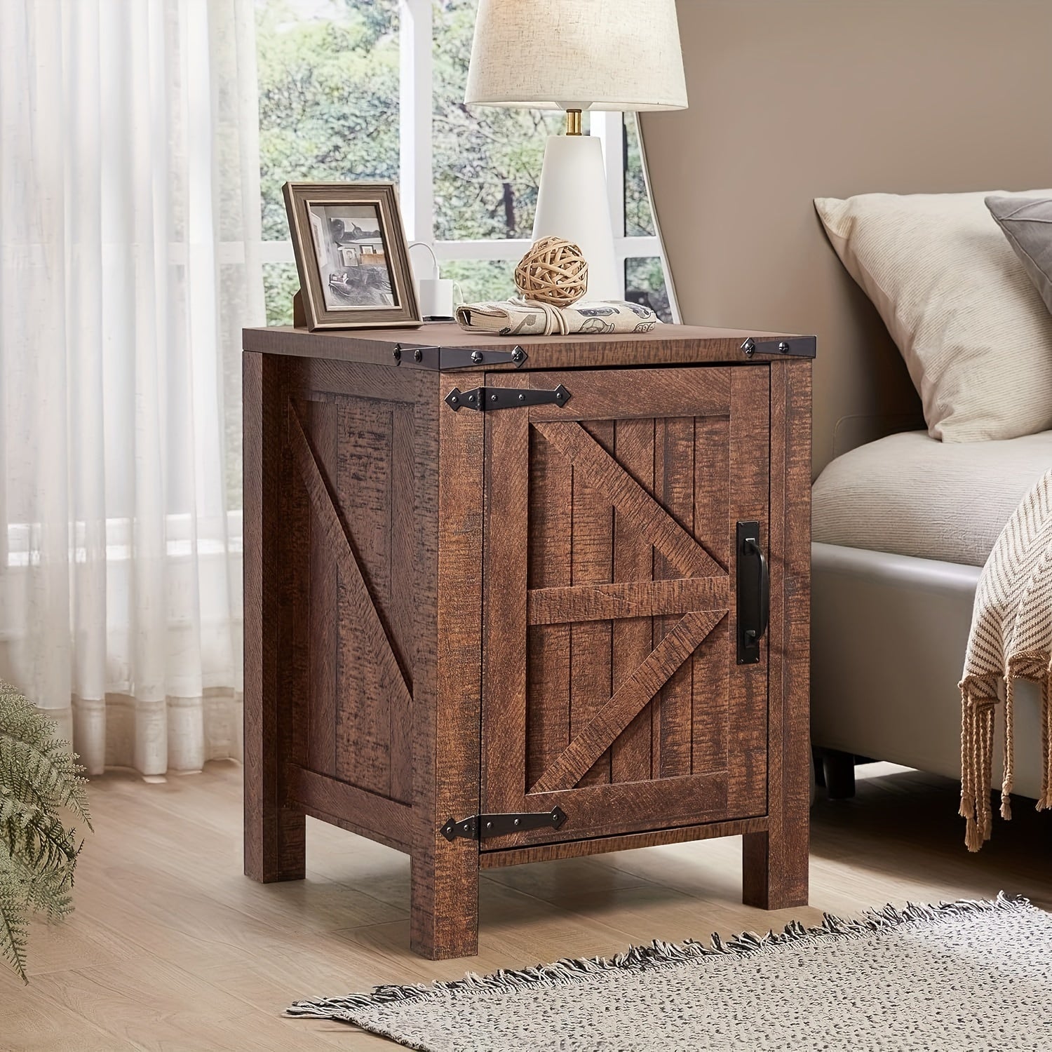 Nightstand w/Charging Station, 18 Inch Farmhouse End Table w/Barn Door and Adjustable Storage Shelf, Rustic Wood Sofa Side Table w/Magnetic Door for Living Room, Bedroom