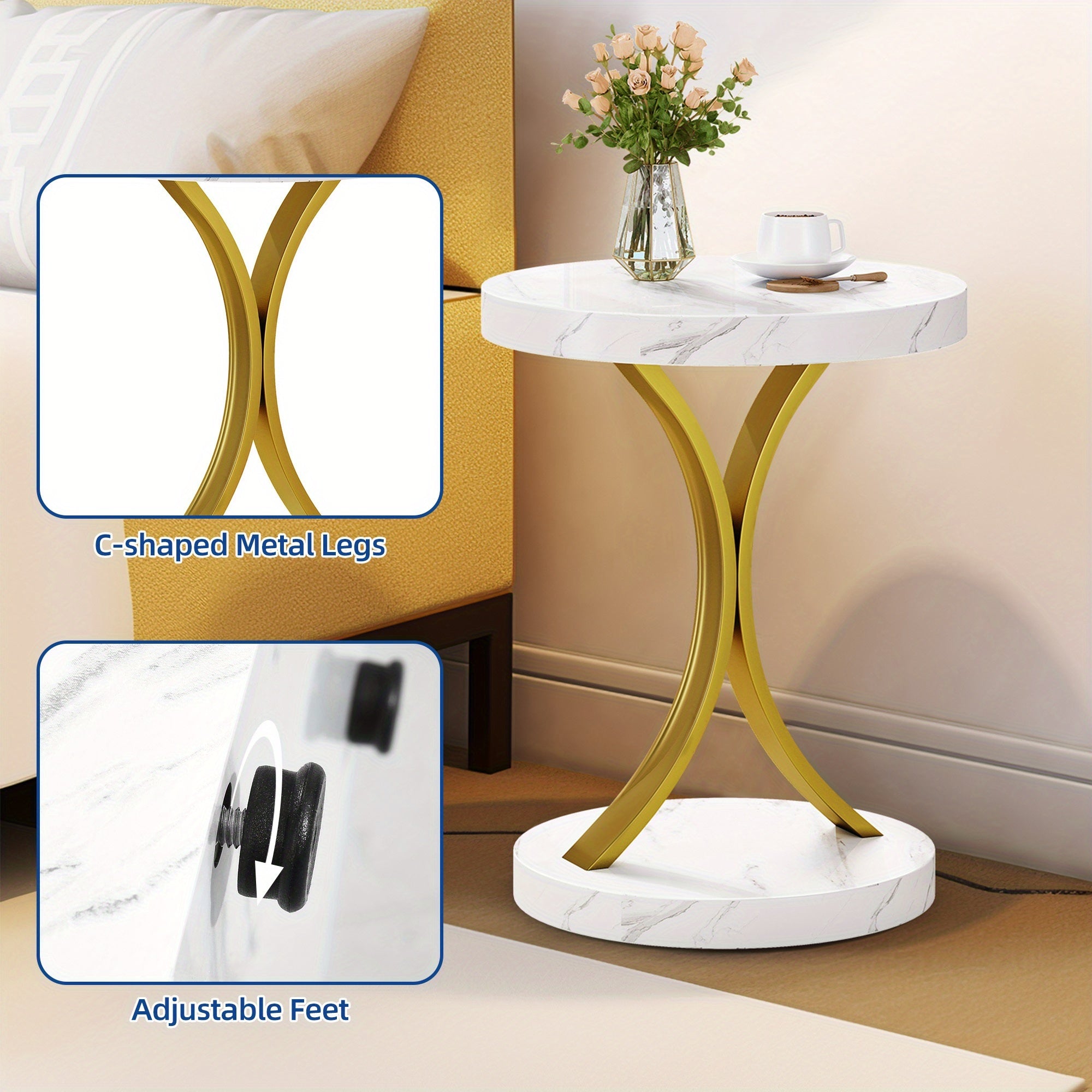 Contemporary Gold Side Table with Faux Marble Tabletop for Living Space