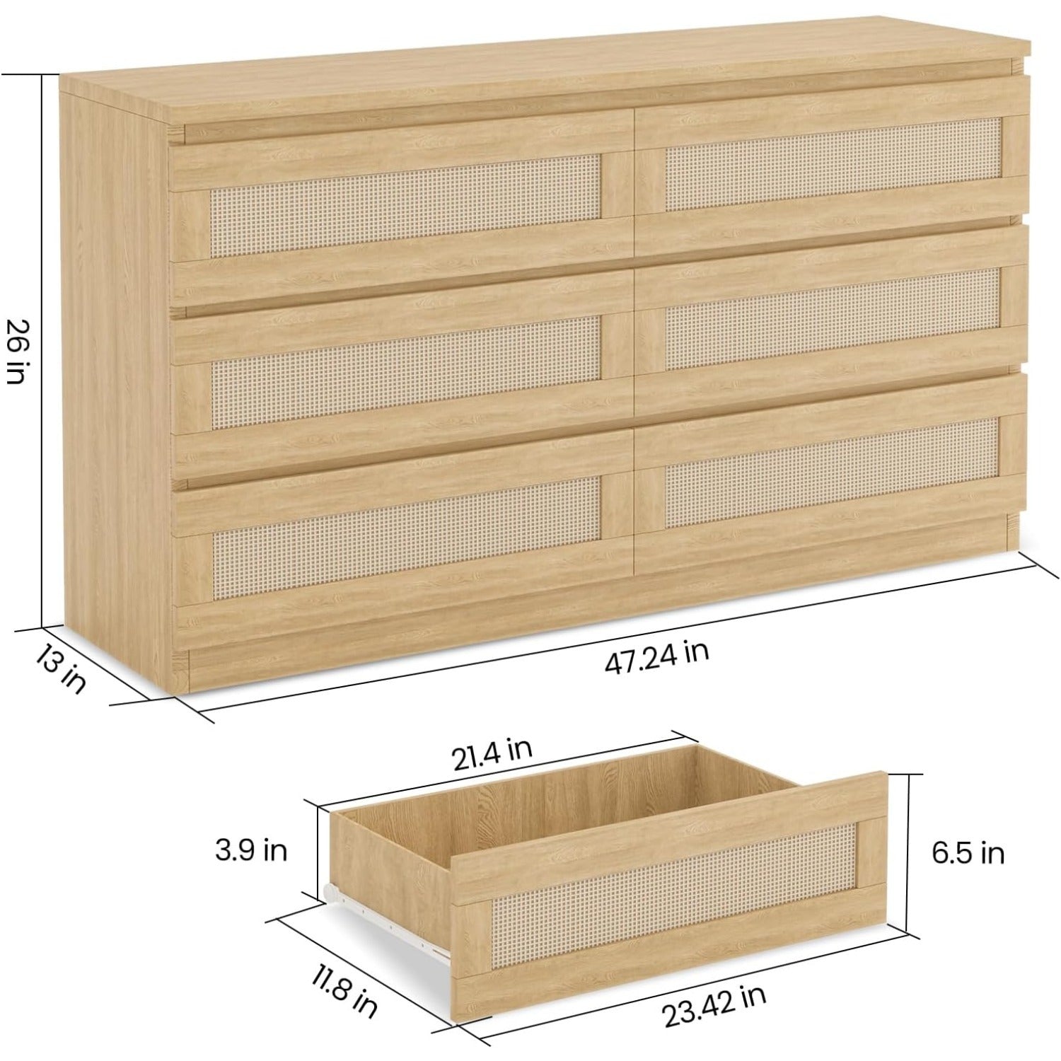 Rattan Dresser for Bedroom 6 Drawer Double Dresser for Bedroom with Smooth Mental Slide Modern Wood Chest of Drawers