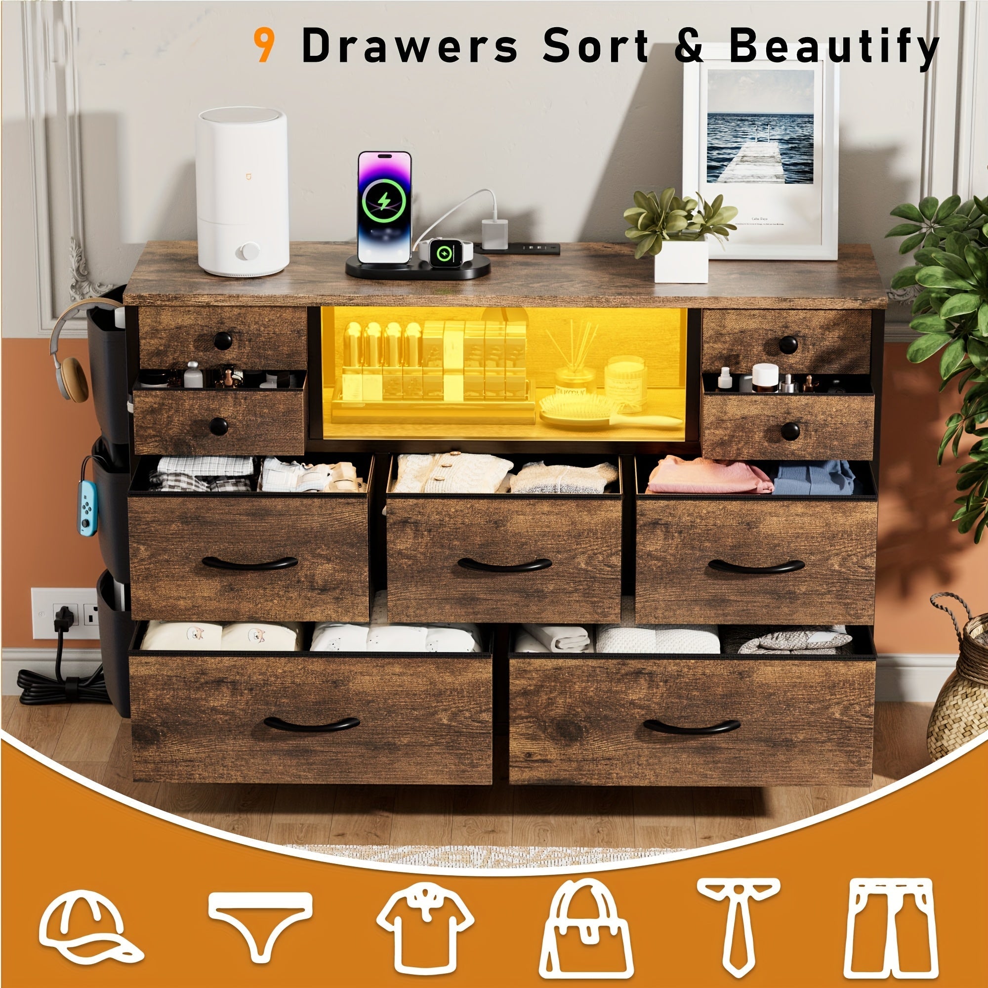 Spacious 9-Drawer Dresser with LED Lights & Charging Station - Rustic Wood Finish Black Accents Side Pockets