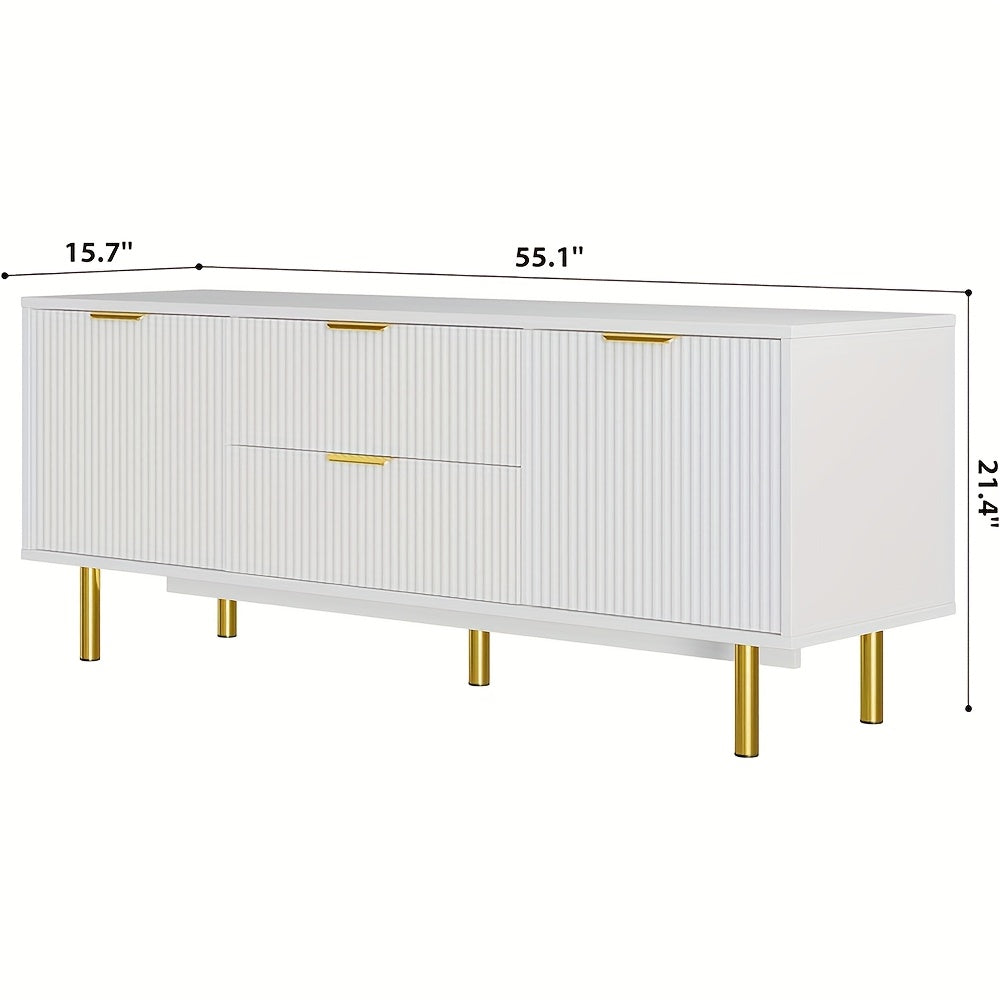 Modern White TV Stand for 65+ Inch TVs - Sleek Entertainment Center with Storage Cabinets, Corrugated Panels, and 2 Drawers & Doors, EUKER