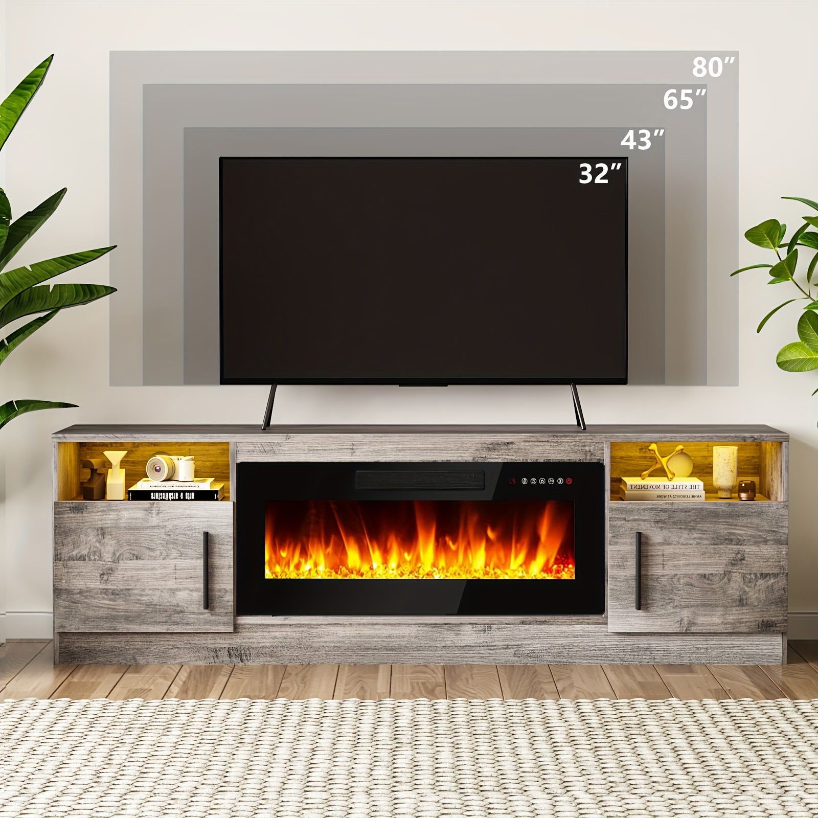 1pc Modern 70" Wooden Fireplace TV Stand with 36" LED Fireplace, Square Media Console for 80" TVs, High Gloss Storage Cabinet, 16 Color LED Lights, Power Supply Operated, US Plug, 110-130V