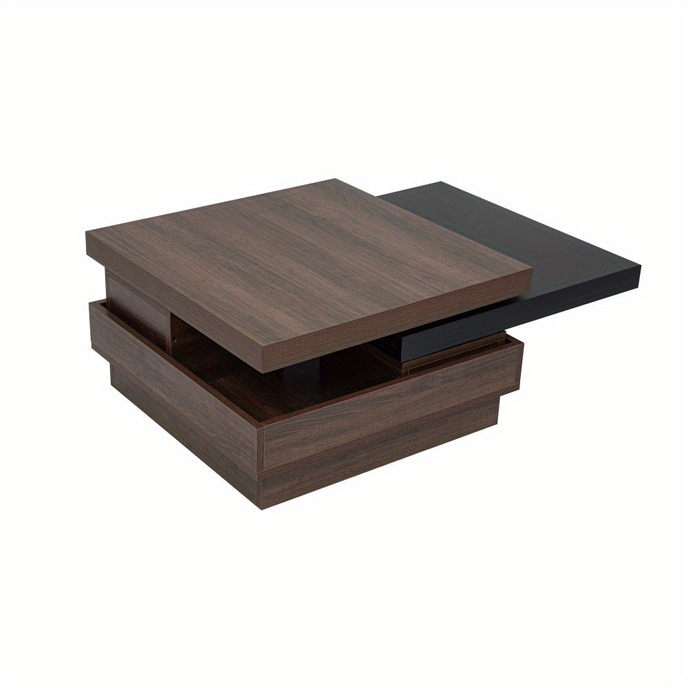 Rotatable Top Coffee Table, Modern Square Coffee Table with Wood Grain Design, 1 Hidden Storage Space for Living Room, Black+Brown