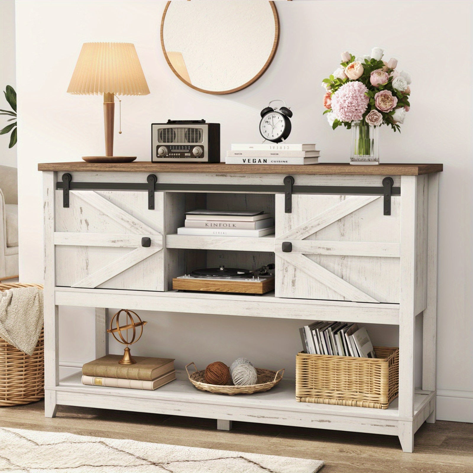 Farmhouse Entryway Table with Adjustable Shelf and Sliding Barn Doors, 46" Hallway Table with Bottom Open Shelf, Behind Couch Table Console Table for Entrance, Living room, Foyer, Rustic White