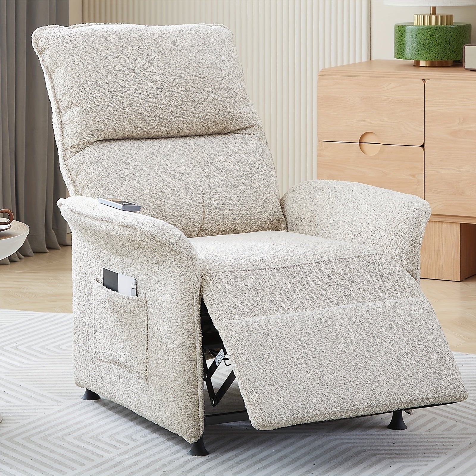 Power Recliner Chair For Living Room, Mid-Century Modern Single Reclining Chair, Sheep Lamb Fabric Lounge Armchair, Reading Chair With Remote Control For Adults