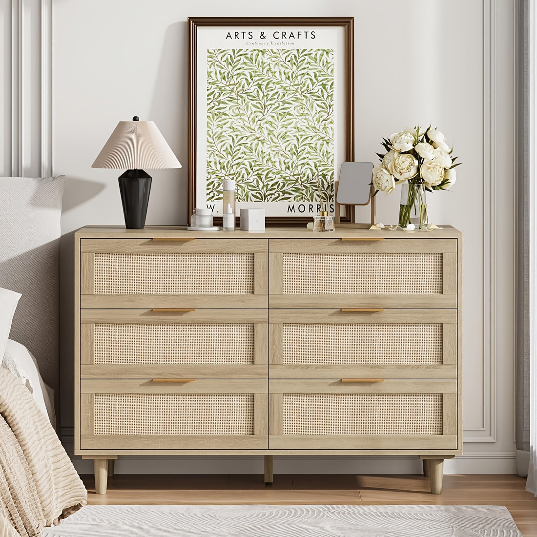 Elegant Boho 6-Drawer Dresser with Golden Handles - Natural Rattan & Wood, Sturdy Metal Frame, Convertible to TV Stand, Ideal for Bedroom & Living Room Storage, Versatile Dresser|Vintage Aesthetic|Sturdy Frame Construction, D