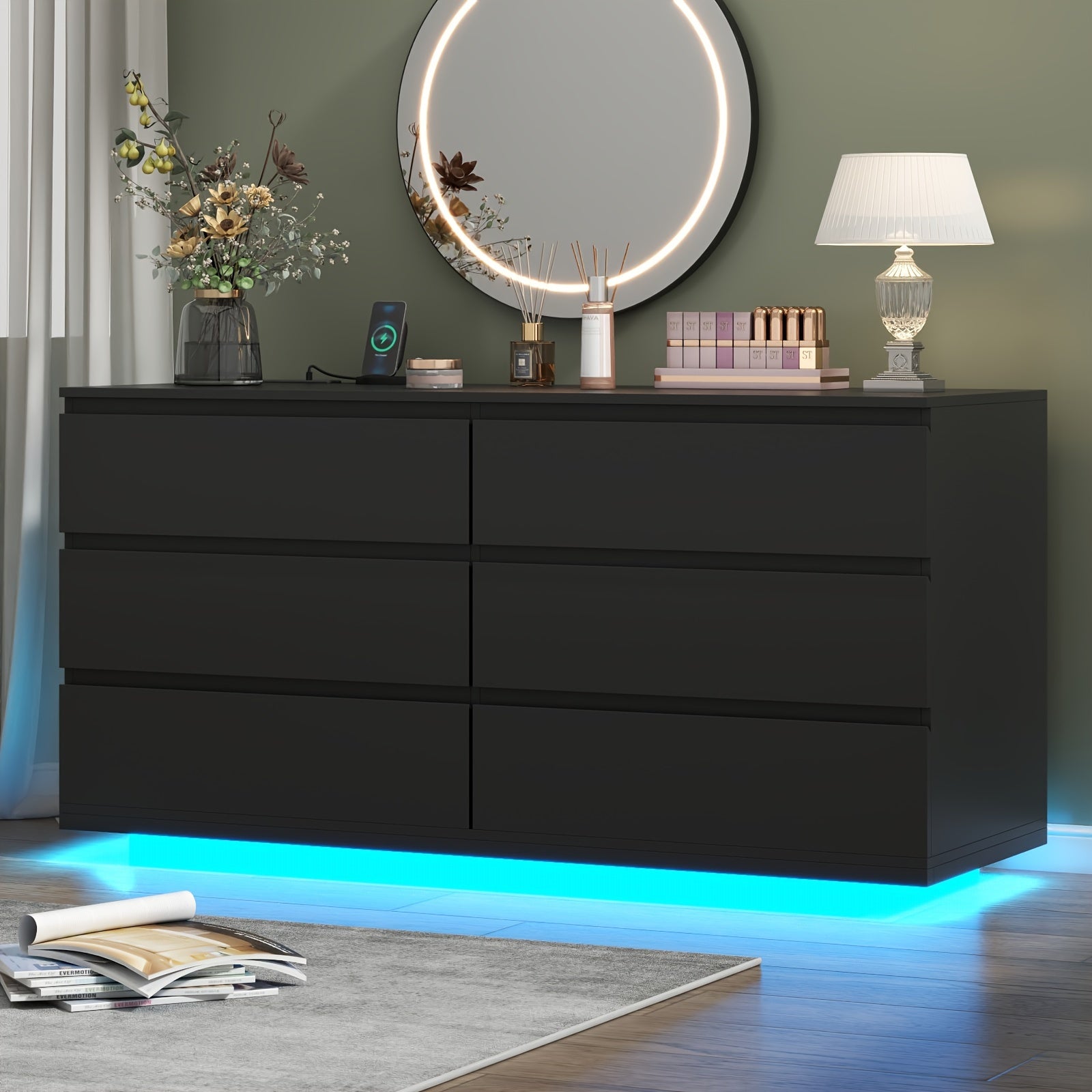 6 Drawer Dresser White Dresser with Power Outlet and LED Lights Floating Chest of Drawers for Living Room - Dresser