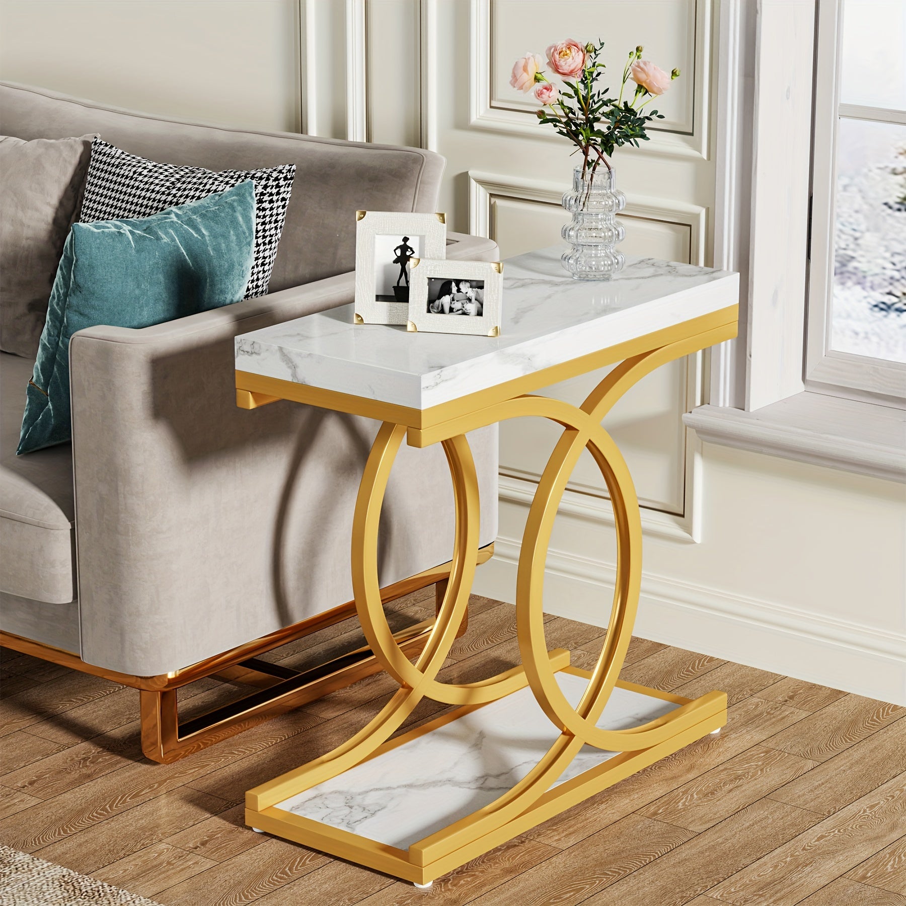 Contemporary Narrow Side Table: This Modern Faux Marble End Table Fits Comfortably In Small Spaces, Perfect For Enhancing Your Living Room