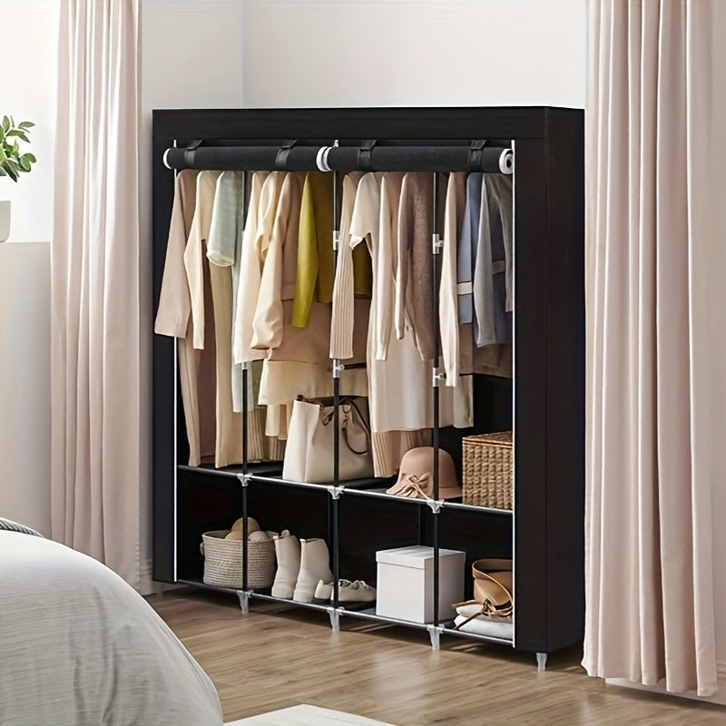 1pc Portable Wardrobe Closet Organizer with Cover, 4 Hanging Rods and Shelves, 4 Side Pockets, Metal Material, Lacquered Finish, Large Capacity for Bedroom, Living Room, Clothes Organizer Storage, SONGMICS