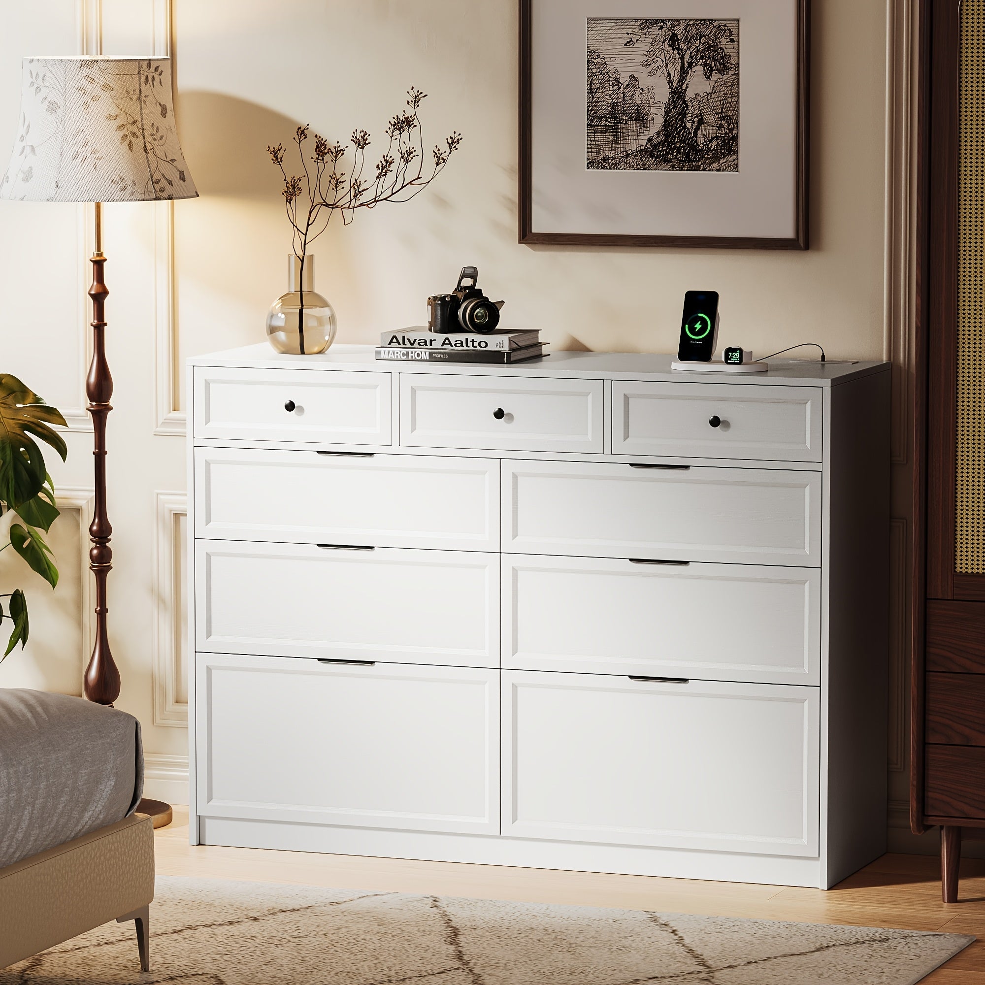 9 Drawer Dresser For Bedroom 120cm Long Modern Chest Of Drawers With Power Outlet Mid Century Dresser Fluted Dresser