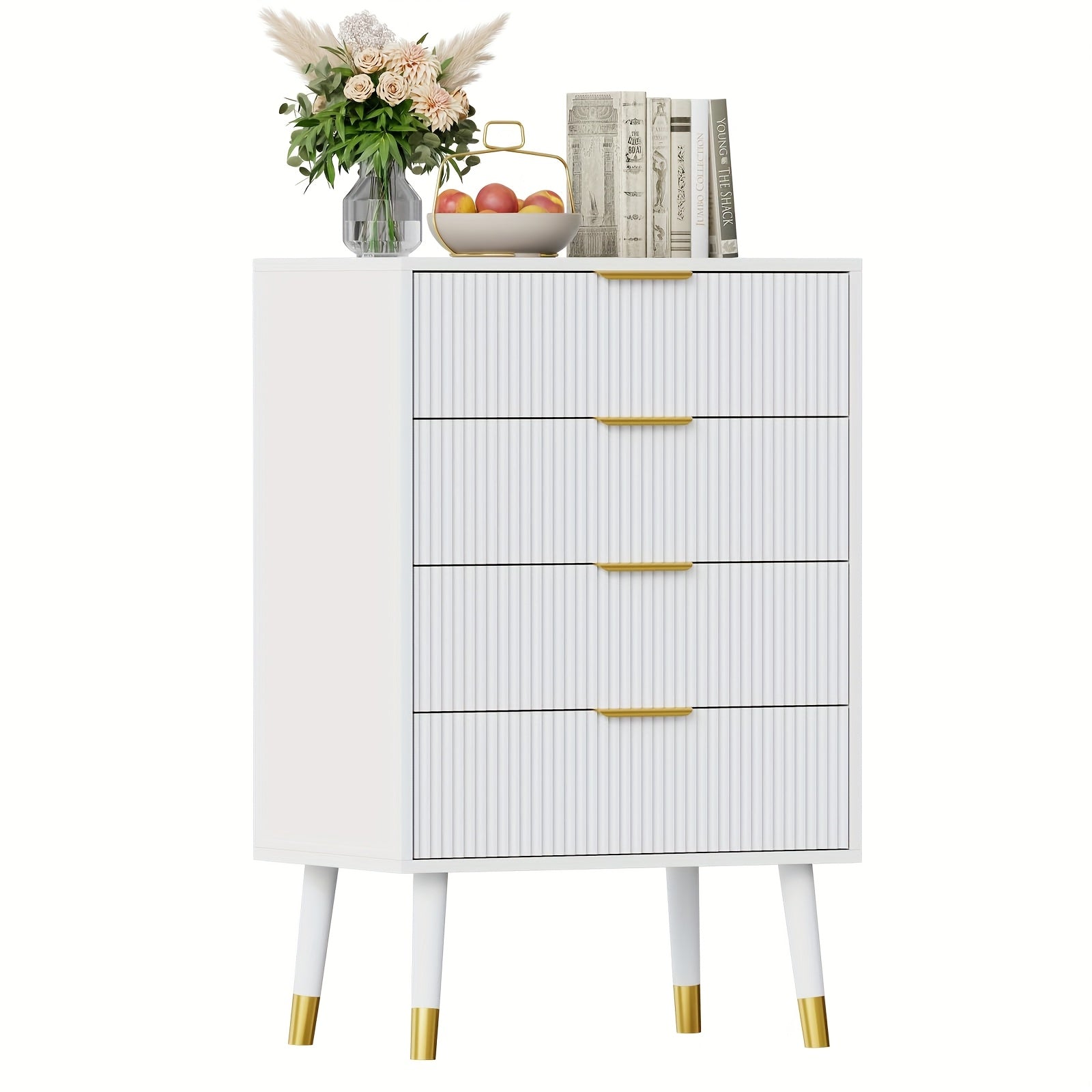 Fluted Drawers Elegant 4-Drawer Fluted Dresser in Dark Black with Golden Metal Handles - Modern Wood Storage Chest on Sturdy Legs, Easy Assembly, Perfect for Bedroom or Hallway Organizer