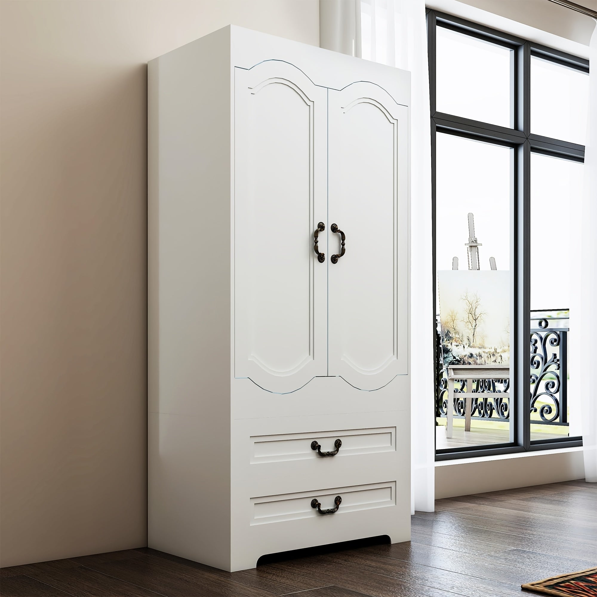 Armoire Wardrobe Closet With 2 Drawers, Easy-to-assemble Tall Wooden Wardrobe Closet With 2 Doors And Hanging Rail, Free Standing White Armoire For Bedroom