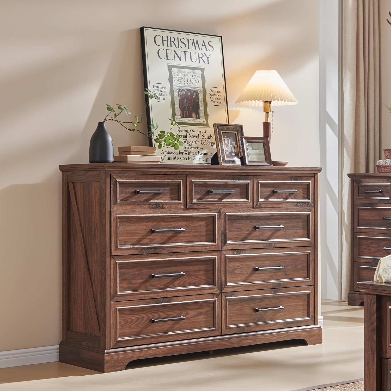 Farmhouse 9 Drawer Dresser For Bedroom 36 Inch Tall Modern Dresser TV Stand With Large Drawers & Bar Handles Rustic