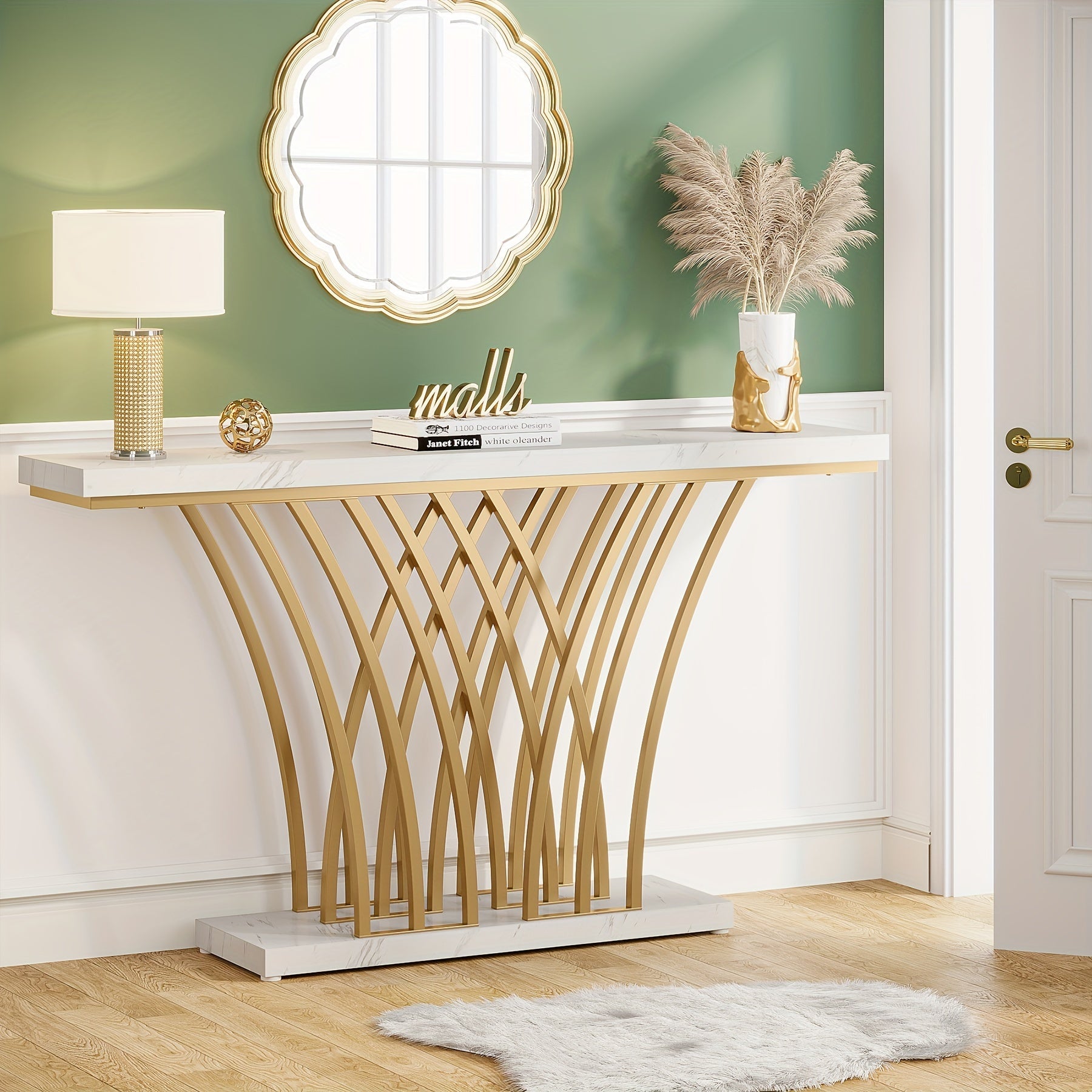 59 inch Golden Console Table, Modern Entryway Table with Grid-Shaped Metal Base for Entrance, Hallway, Entryway, Living Room