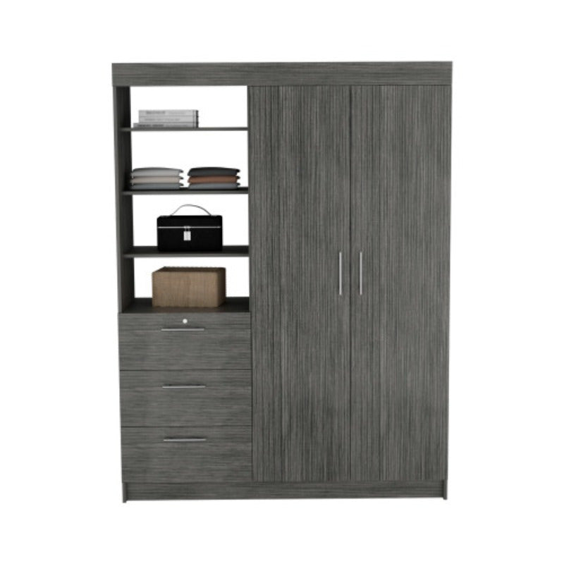 Smokey Oak 3-Tier Armoire with Metal Handles - Spacious Storage Cabinet with Shelves and Drawers for Bedroom, Living Room, or Office Decor