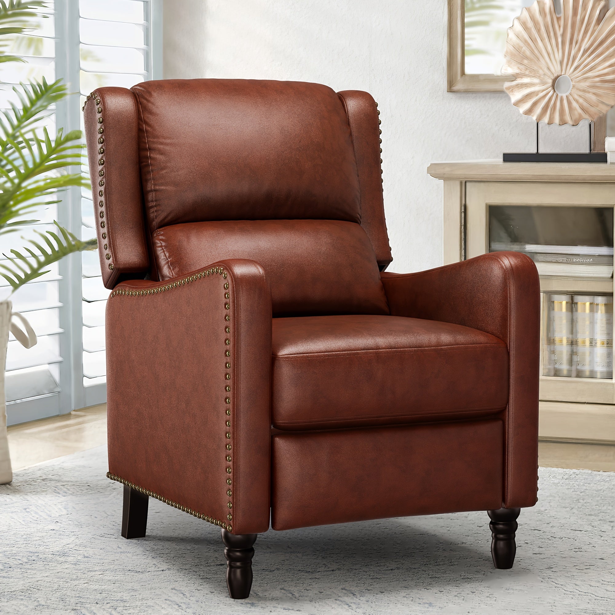 Push Back Recliner Chair In Faux Leather, Upholstered With Footrest, Modern Design For Bedroom, Small Spaces, And Living Room