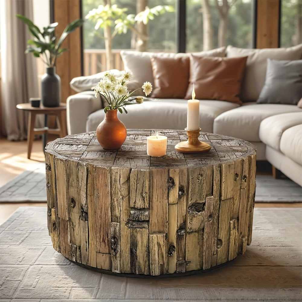 50cm Farmhouse Barrel Shaped Round Coffee Table For Indoors And Outdoors, Round Coffee Table For Living Room, Small Side Table Tea Table End Table