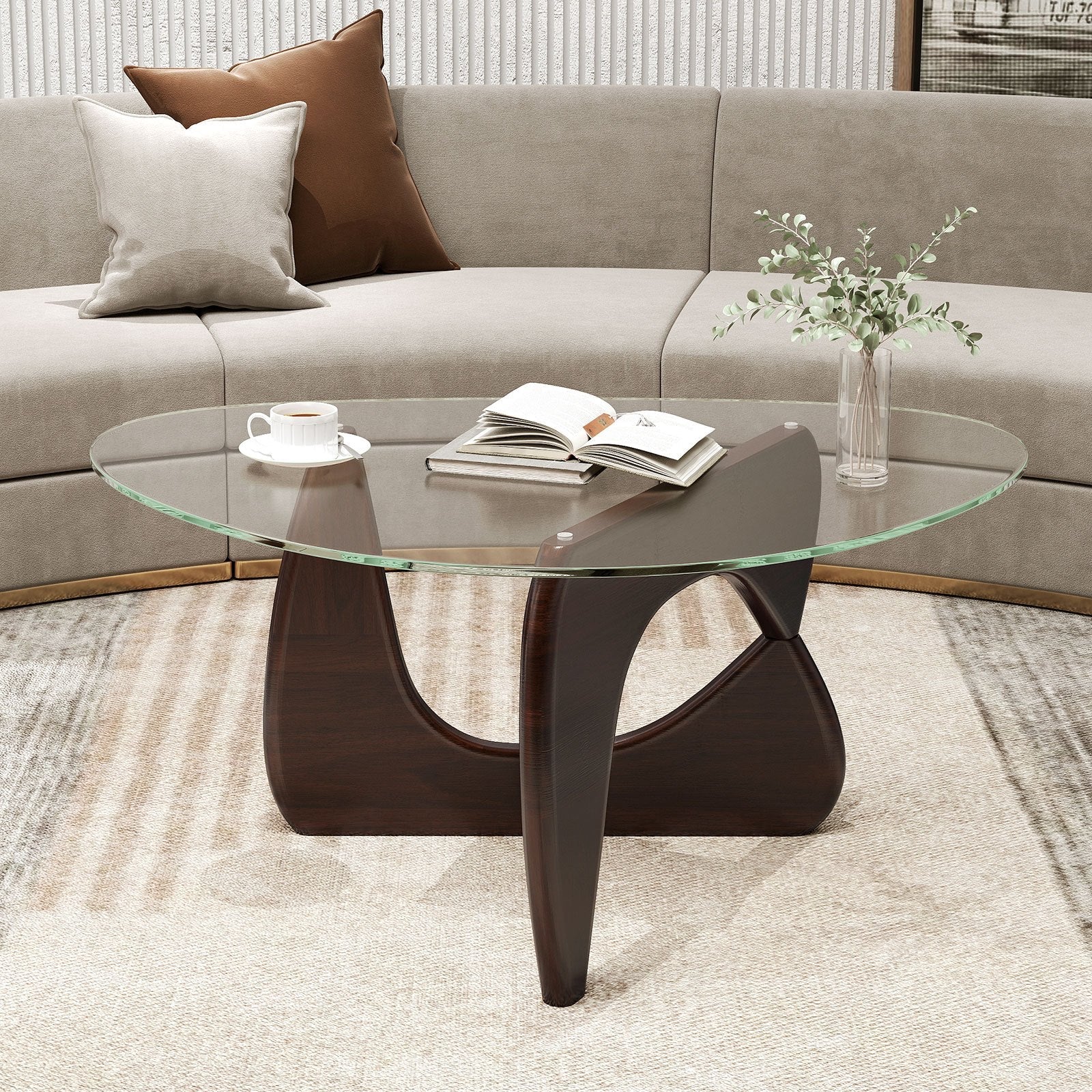 Triangle Coffee Table, Mid-Century Modern Center Table with Tempered Glass Top & Adjustable Rubber Wood Base, End Table for Living Room