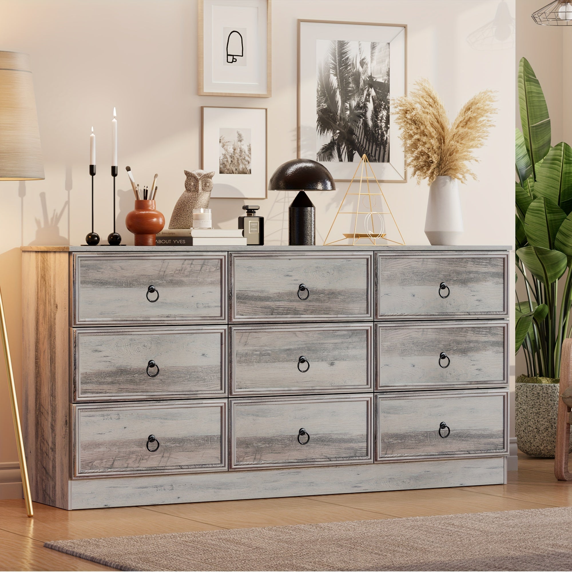 Vintage Farmhouse Grey Wood Dresser with 9 Drawers - Birch Finish, Perfect for Bedroom Storage