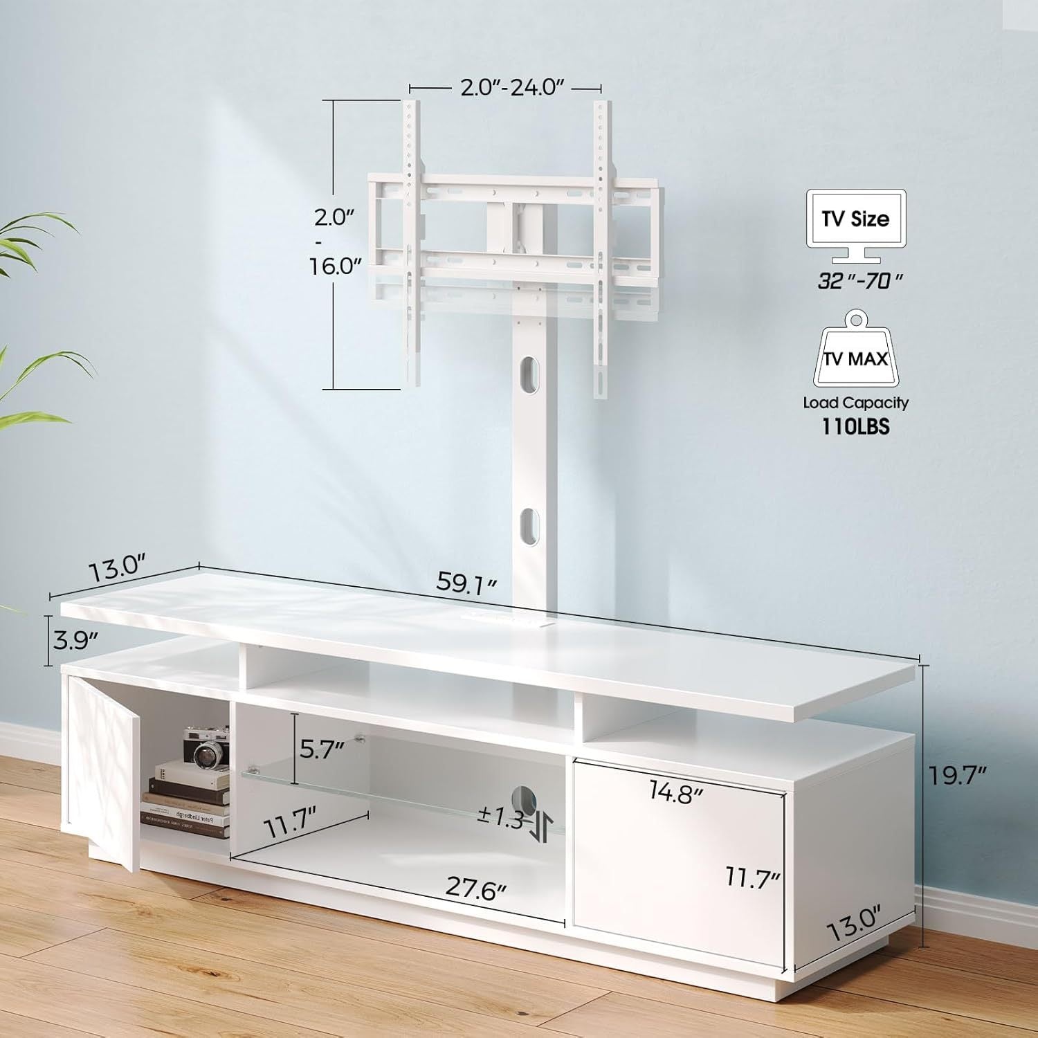 TV Stand with Mount and Power Outlet 51.2", Swivel TV Stand Mount for 32/ 45/ 55/ 60/ 65/ 70 inch TVs, Height Adjustable Modern Entertainment Center with Storage & LED Lights, TV Table