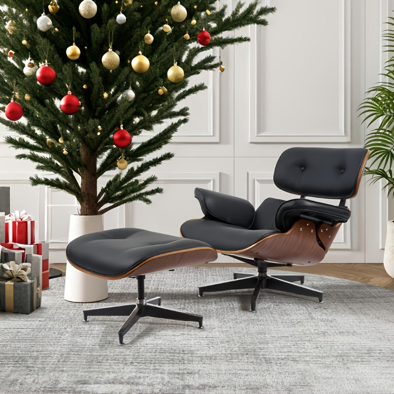 Genuine/PU Leather Lounge Chair With Ottoman, Comfy Recliner With Wide Armrest, Mid Century Modern Accent Chair With Heavy Duty Base Support For Office Studio, Christmas Gift