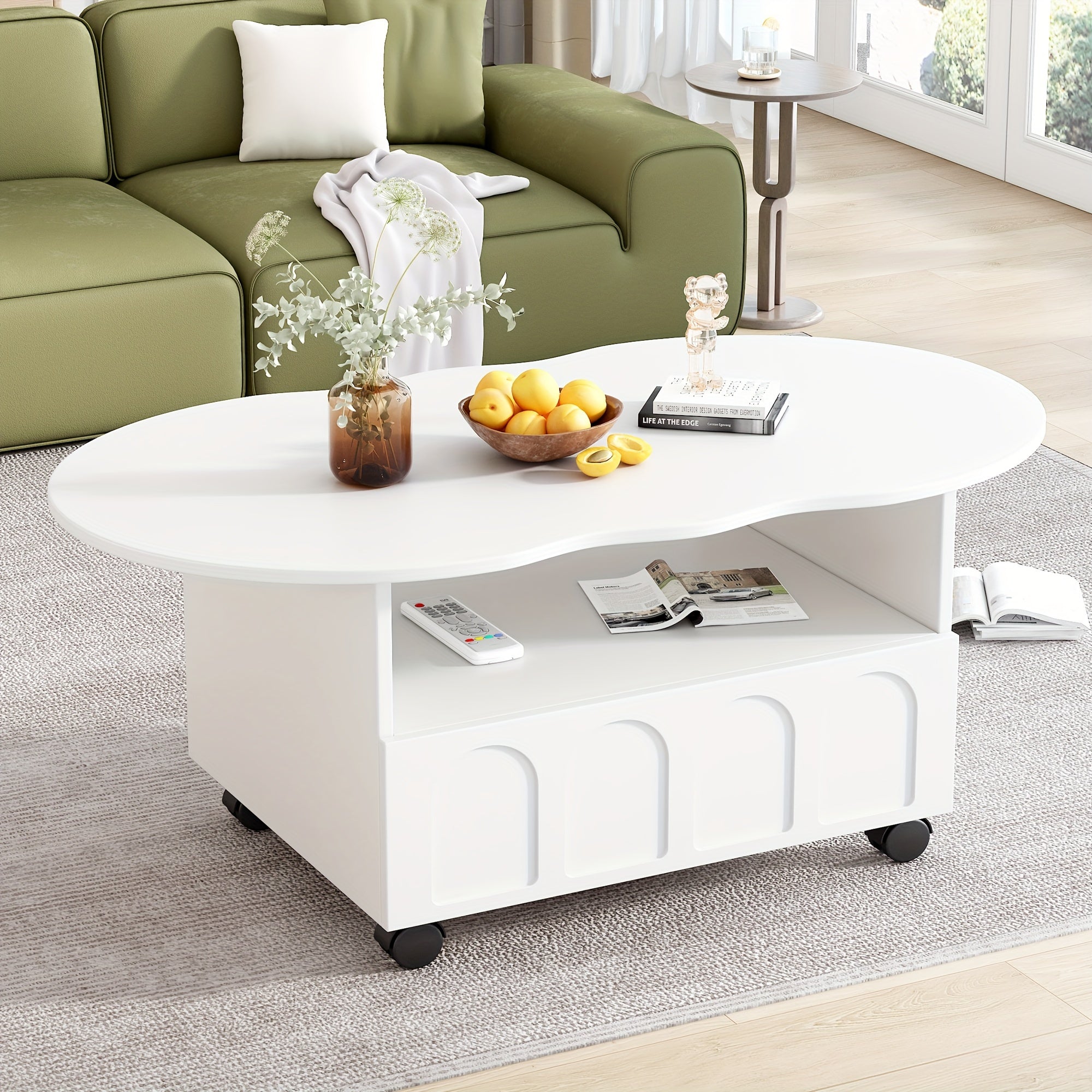 Flexible Cream Style Coffee Table With 2 Brake Wheels, Cloud Top Side Table With Drawer, Irregular Center Table With Large Storage For Living Room, White, 39.37''x 23.6''