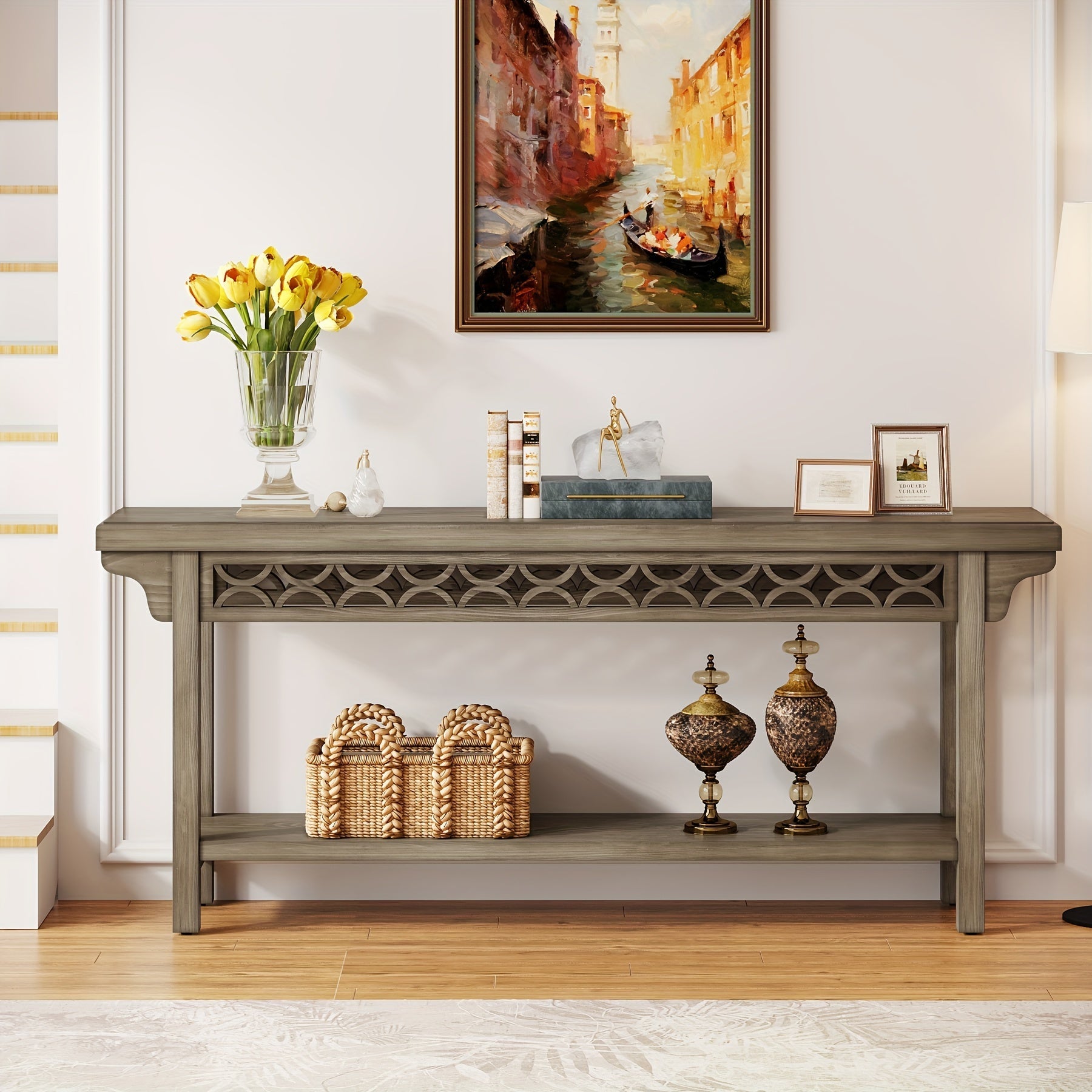 70.8 Inch Extra Long Console Table, Farmhouse Wood Narrow Sofa Table With Storage Shelves, 2-Tier Entryway Table Behind Couch For Hallway Foyer Living Room