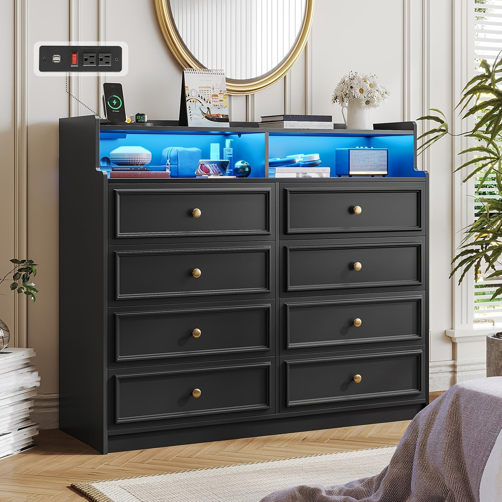 Bedroom Dresser With Charging Station LED Dresser With 8 Large Storage Drawers Chest Of Drawers Storage Organizer Large