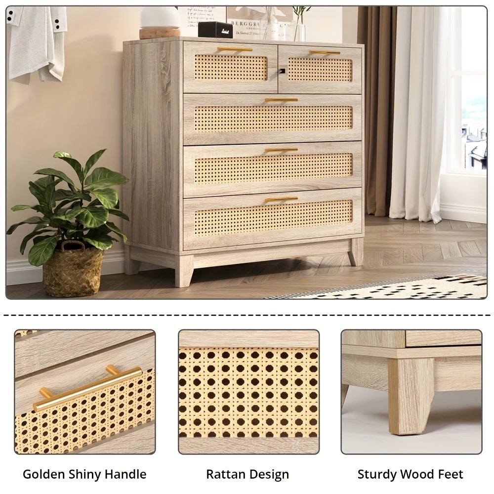 5 Drawer Chest Dresser Rattan 5 Chest Of Drawers For Bedroom Wood Storage Cabinet With Metal Handles For Living Room