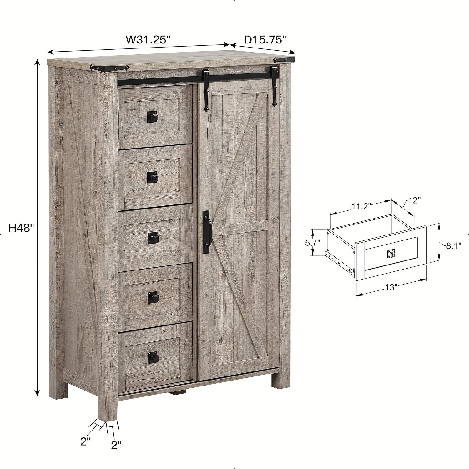 5 Drawers Dresser For Bedroom W/Sliding Barn Door Farmhouse Modern Tall Dresser 5 Chest Of Drawers Storage Organizer